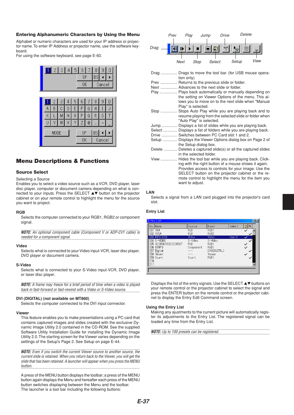E-37, Menu descriptions & functions | NEC MT1065  EN User Manual | Page 37 / 65
