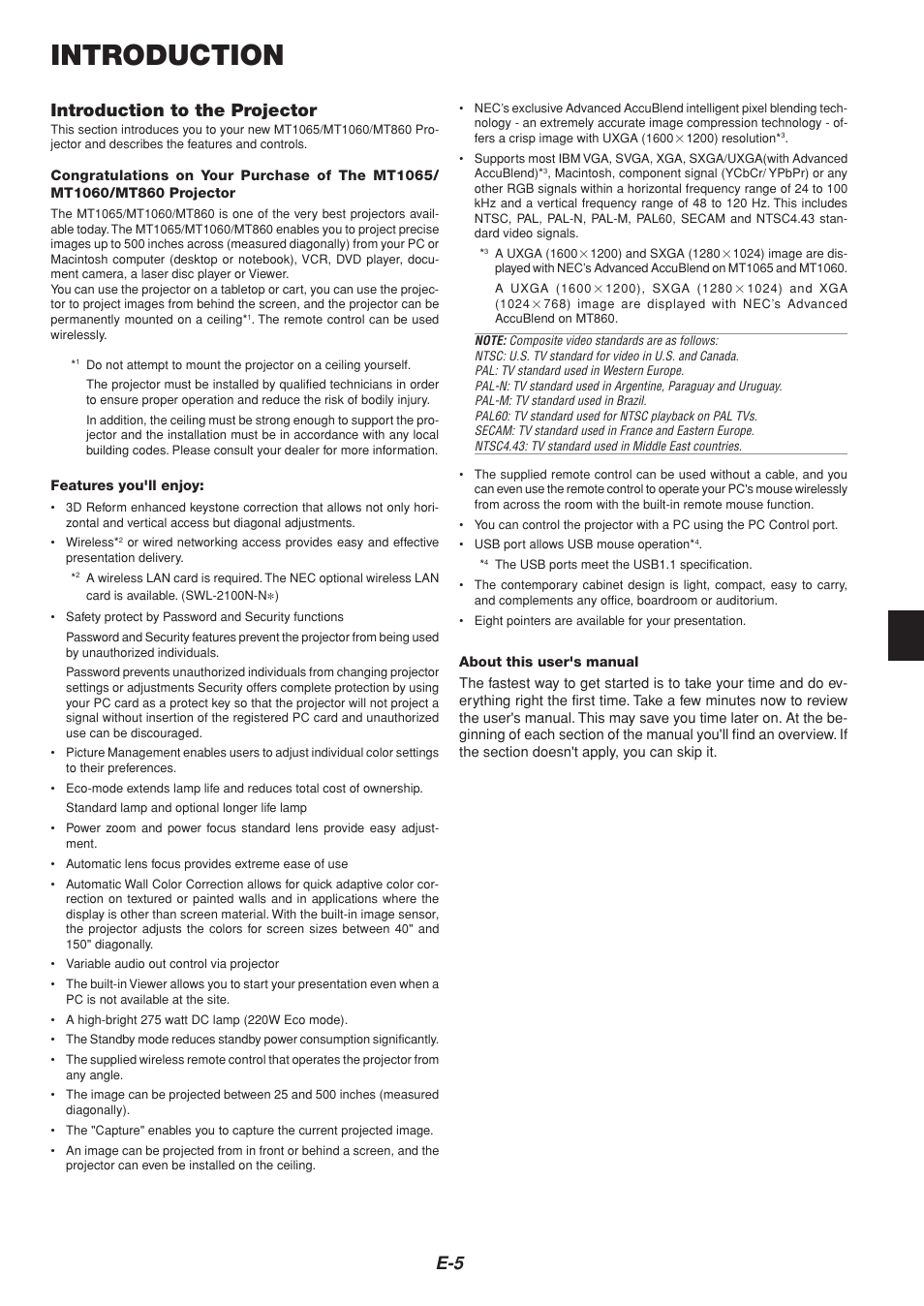 Introduction, Introduction to the projector | NEC MT1065  EN User Manual | Page 5 / 65