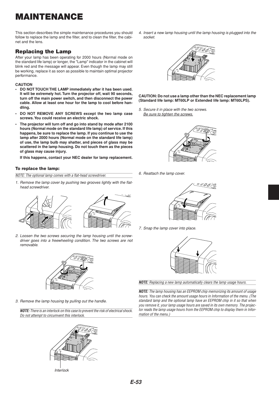 Maintenance, E-53, Replacing the lamp | NEC MT1065  EN User Manual | Page 53 / 65