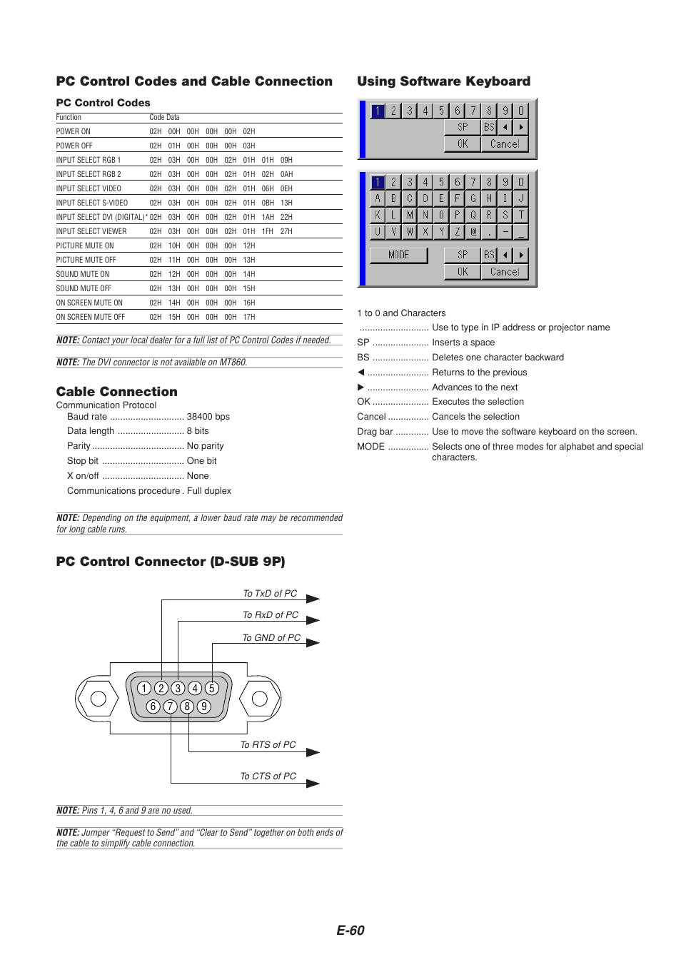 E-60, Cable connection, Pc control codes and cable connection | Using software keyboard, Pc control connector (d-sub 9p) | NEC MT1065  EN User Manual | Page 60 / 65