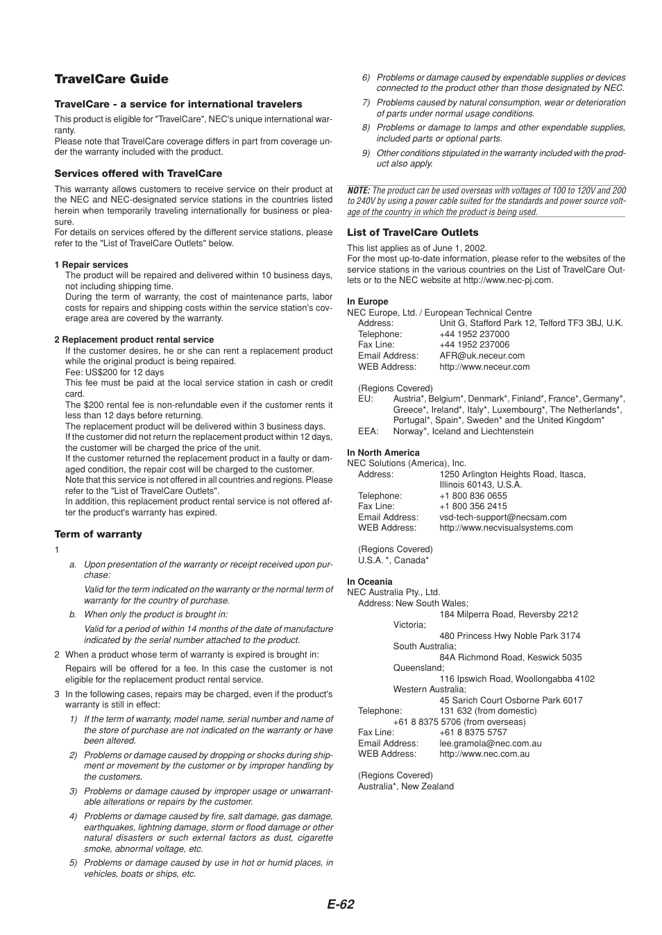 E-62 travelcare guide | NEC MT1065  EN User Manual | Page 62 / 65