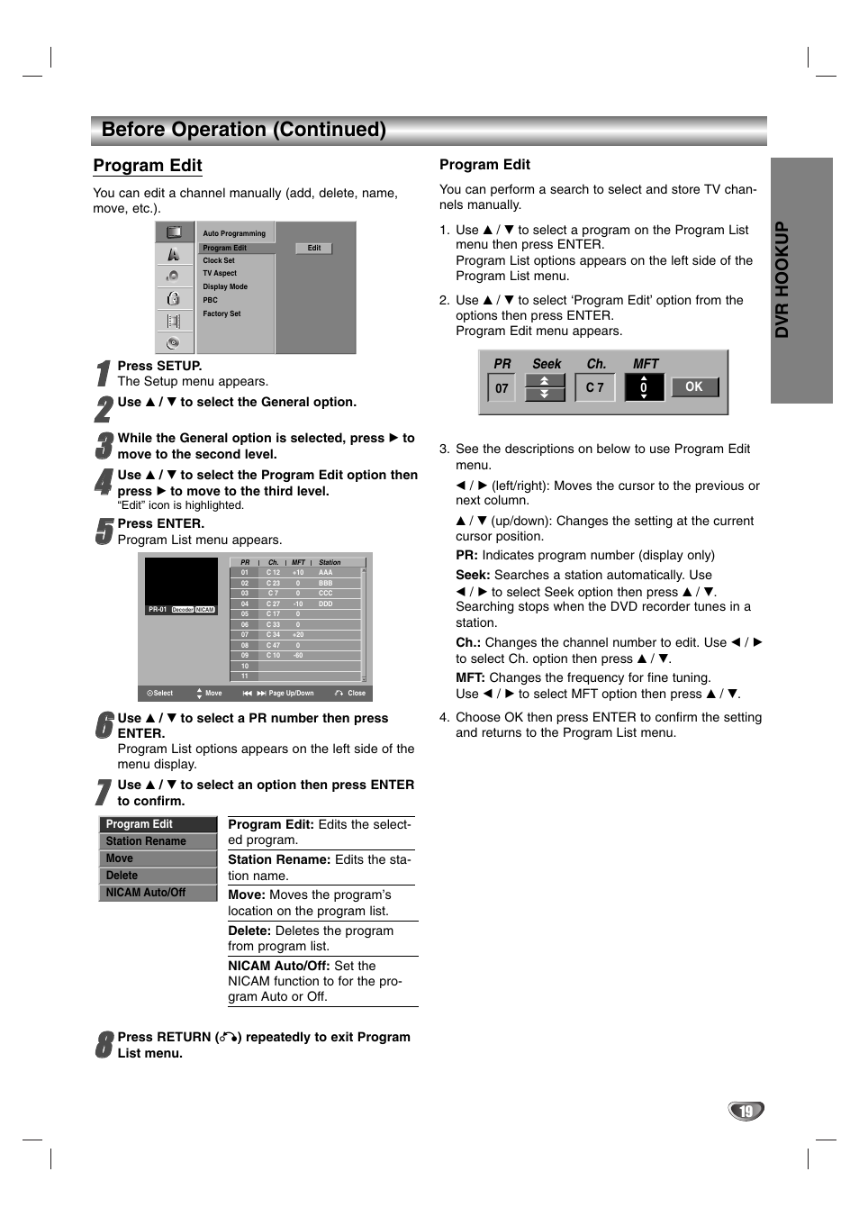 Before operation (continued), Dvr hookup, Program edit | NEC NDR50 User Manual | Page 19 / 62