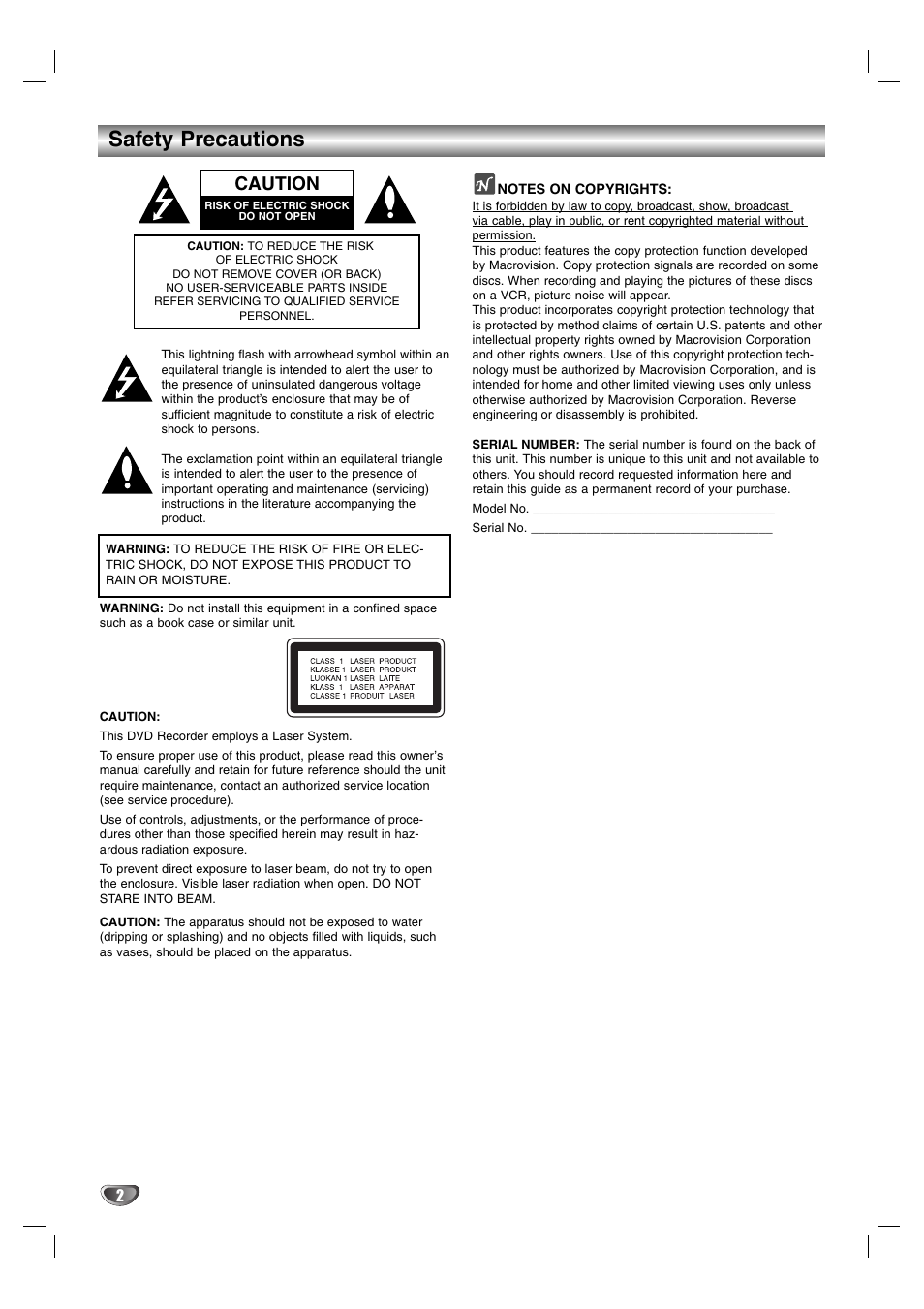 Safety precautions, Caution | NEC NDR50 User Manual | Page 2 / 62