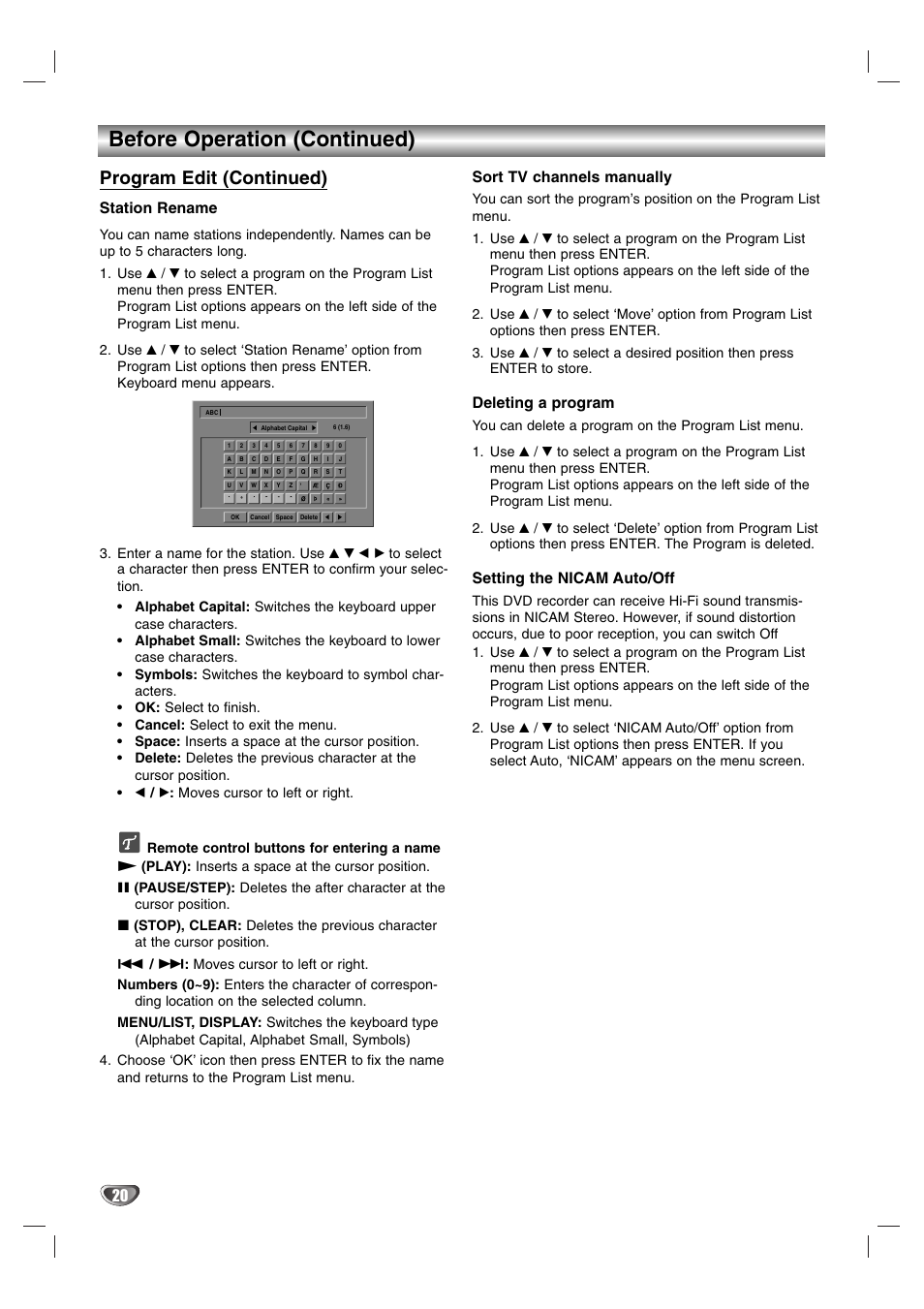 Before operation (continued), Program edit (continued), Station rename | Sort tv channels manually, Deleting a program, Setting the nicam auto/off | NEC NDR50 User Manual | Page 20 / 62