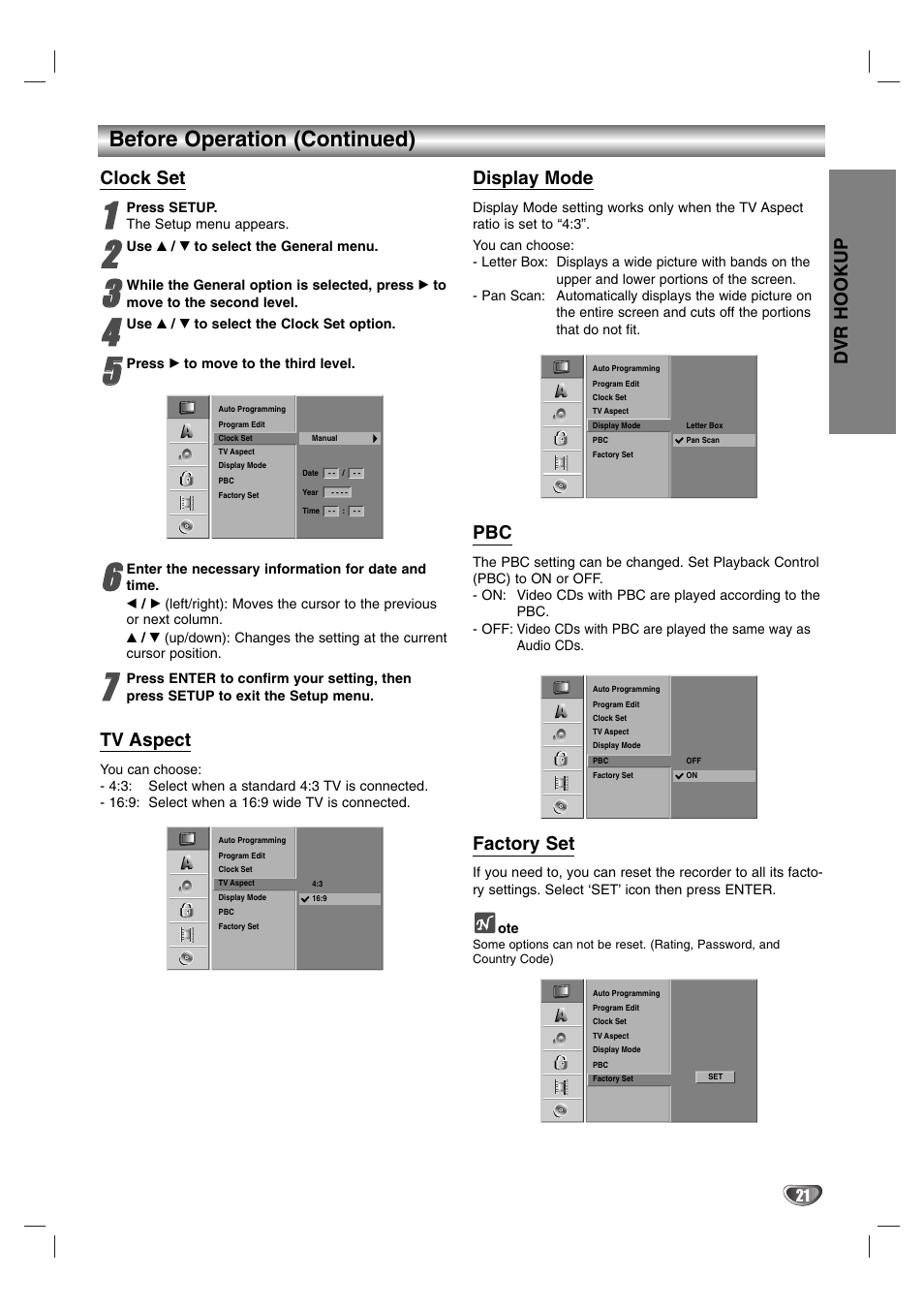 Before operation (continued), Dvr hookup, Clock set | Tv aspect, Display mode, Factory set | NEC NDR50 User Manual | Page 21 / 62