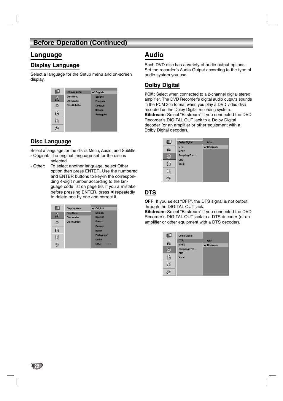 Before operation (continued) language, Audio, Display language | Disc language, Dolby digital | NEC NDR50 User Manual | Page 22 / 62