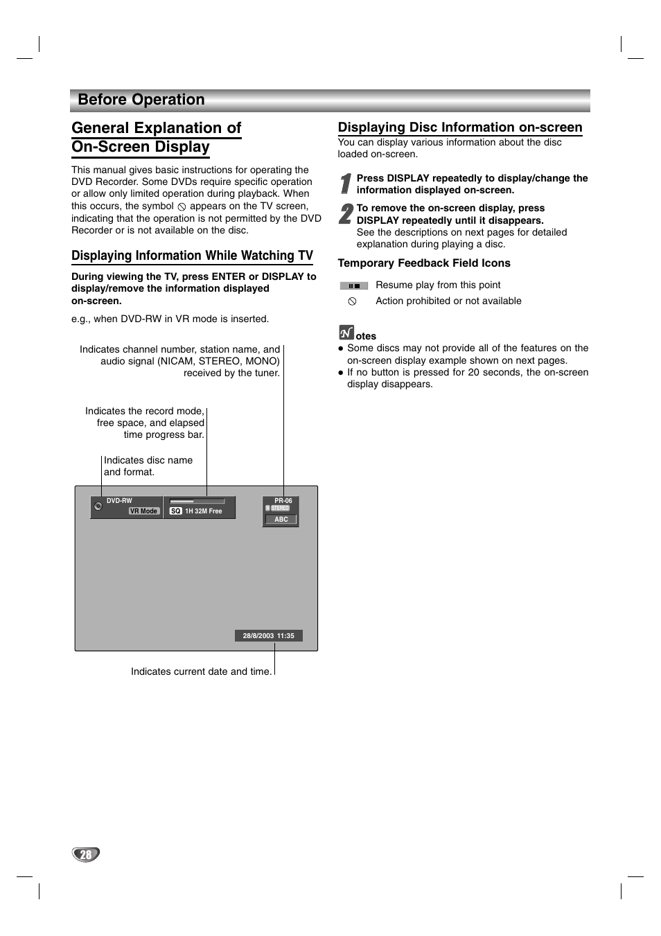 Displaying information while watching tv, Displaying disc information on-screen | NEC NDR50 User Manual | Page 28 / 62