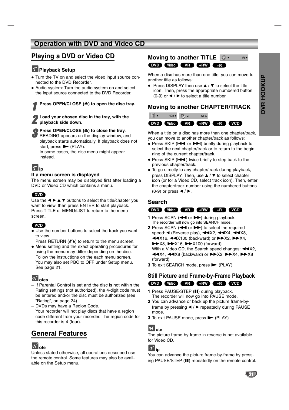 General features, Dvr hookup, Moving to another title | Moving to another chapter/track, Search, Still picture and frame-by-frame playback | NEC NDR50 User Manual | Page 31 / 62