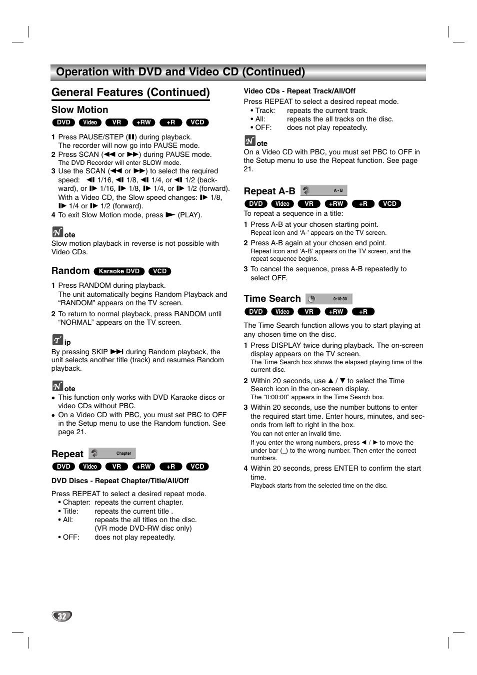 Slow motion, Random, Repeat | Repeat a-b, Time search | NEC NDR50 User Manual | Page 32 / 62