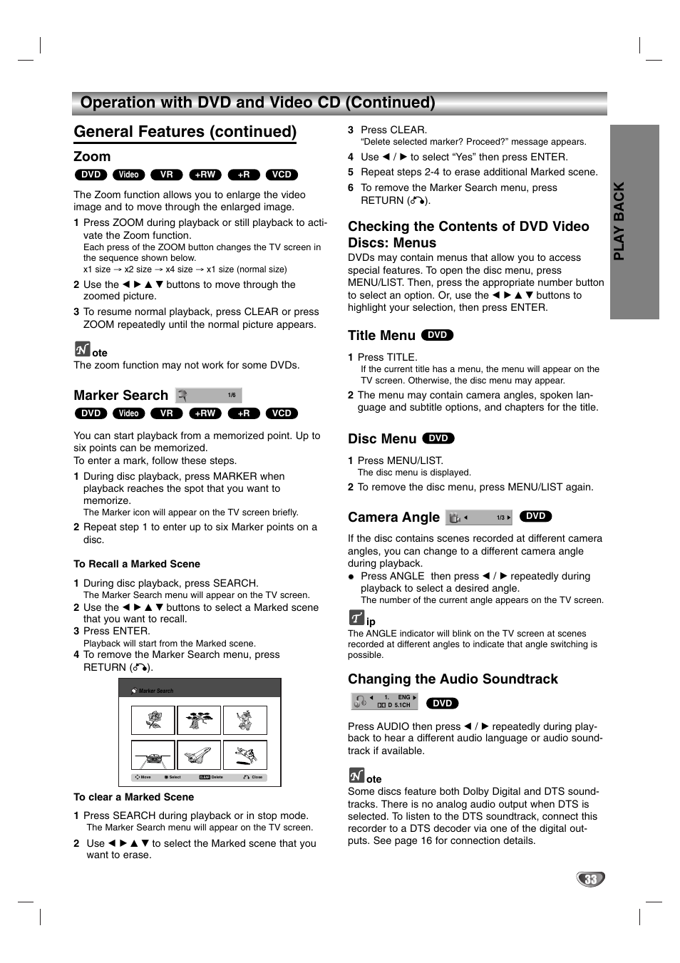 Pla y back, Zoom, Marker search | Checking the contents of dvd video discs: menus, Title menu, Disc menu, Camera angle, Changing the audio soundtrack | NEC NDR50 User Manual | Page 33 / 62