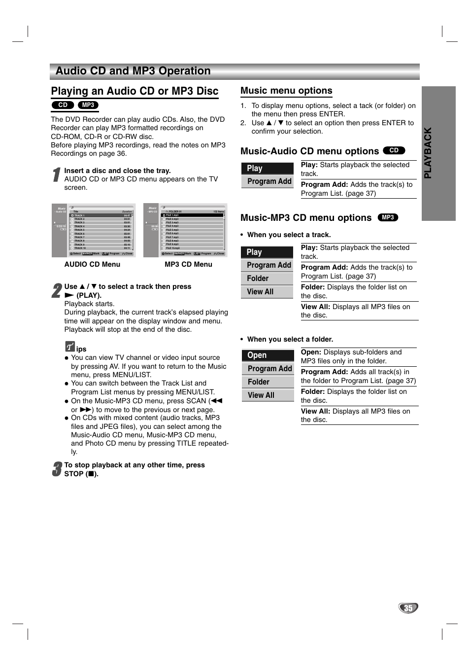 Pla yback, Music menu options, Music-audio cd menu options | Music-mp3 cd menu options, Play, Open, Program add, Program add folder view all | NEC NDR50 User Manual | Page 35 / 62