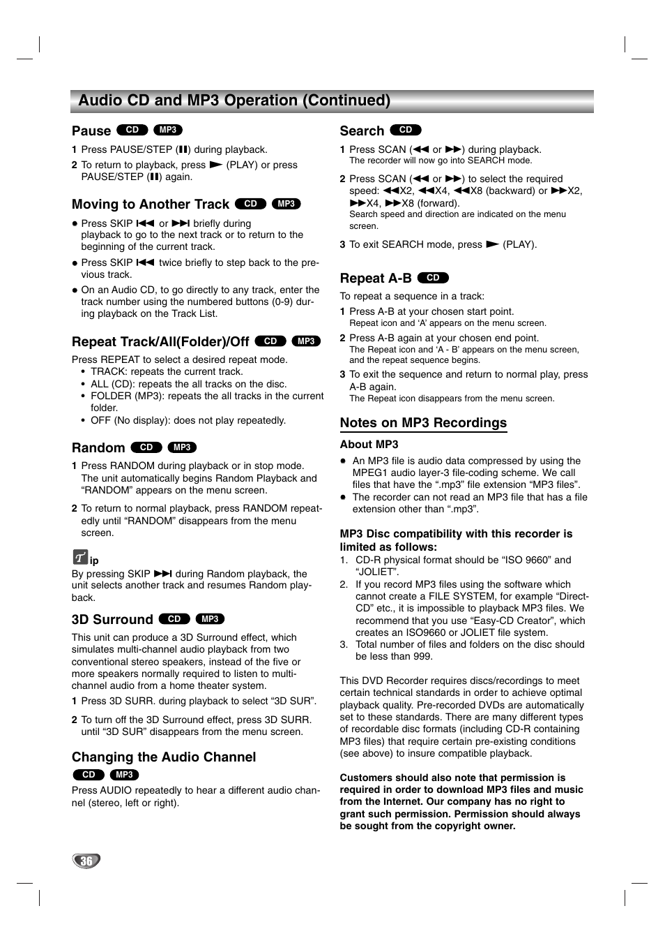 Audio cd and mp3 operation (continued), Pause, Moving to another track | Repeat track/all(folder)/off, Random, 3d surround, Changing the audio channel, Search, Repeat a-b | NEC NDR50 User Manual | Page 36 / 62