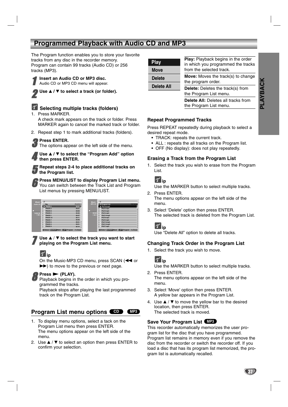 Programmed playback with audio cd and mp3, Pla yback, Program list menu options | Play | NEC NDR50 User Manual | Page 37 / 62