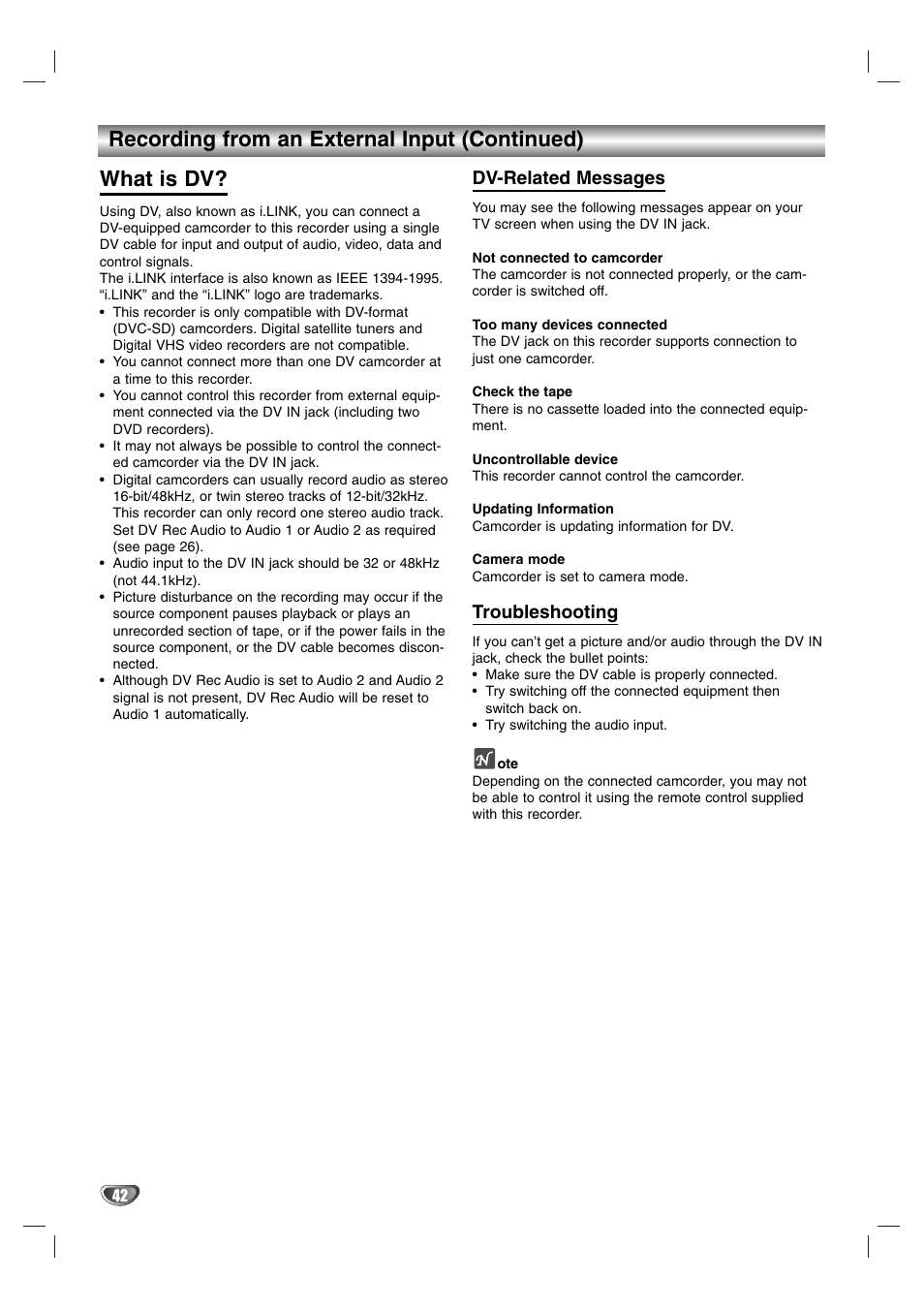 Dv-related messages, Troubleshooting | NEC NDR50 User Manual | Page 42 / 62