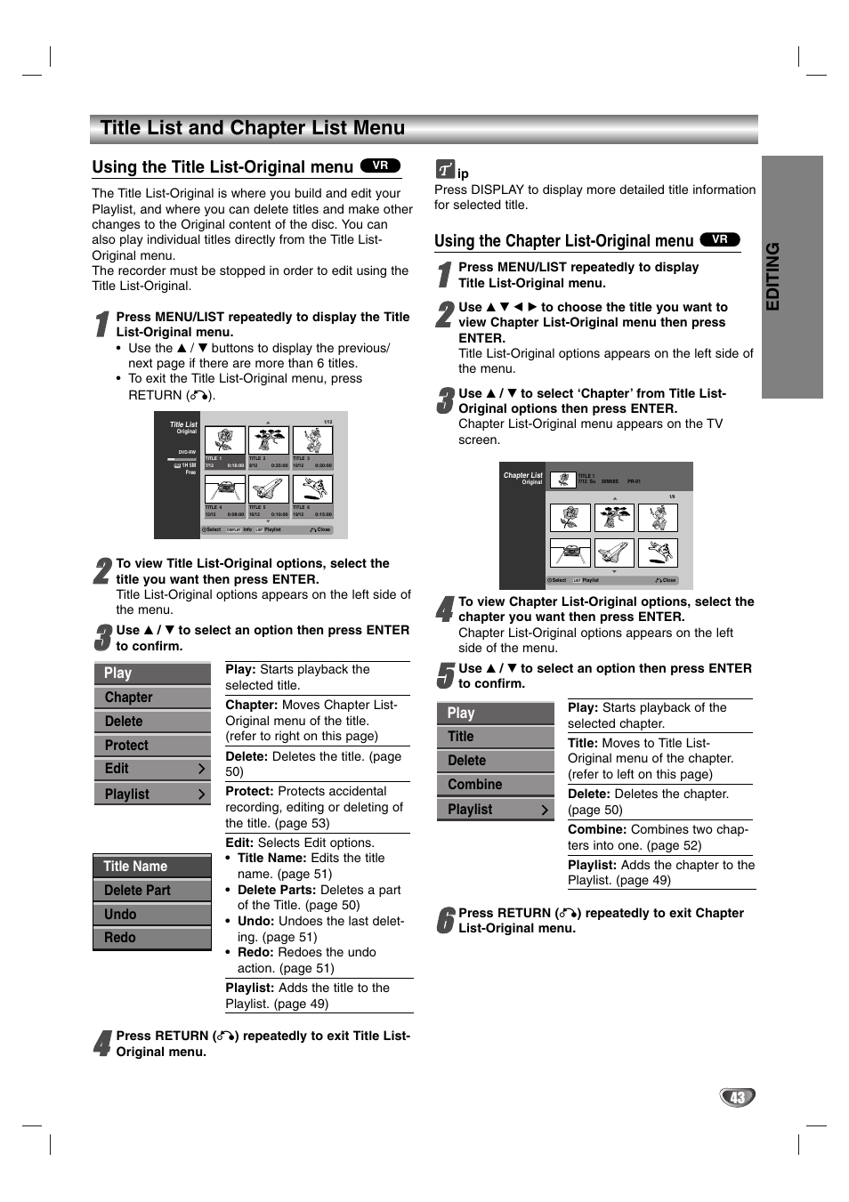 Title list and chapter list menu, Editing, Using the title list-original menu | Using the chapter list-original menu | NEC NDR50 User Manual | Page 43 / 62