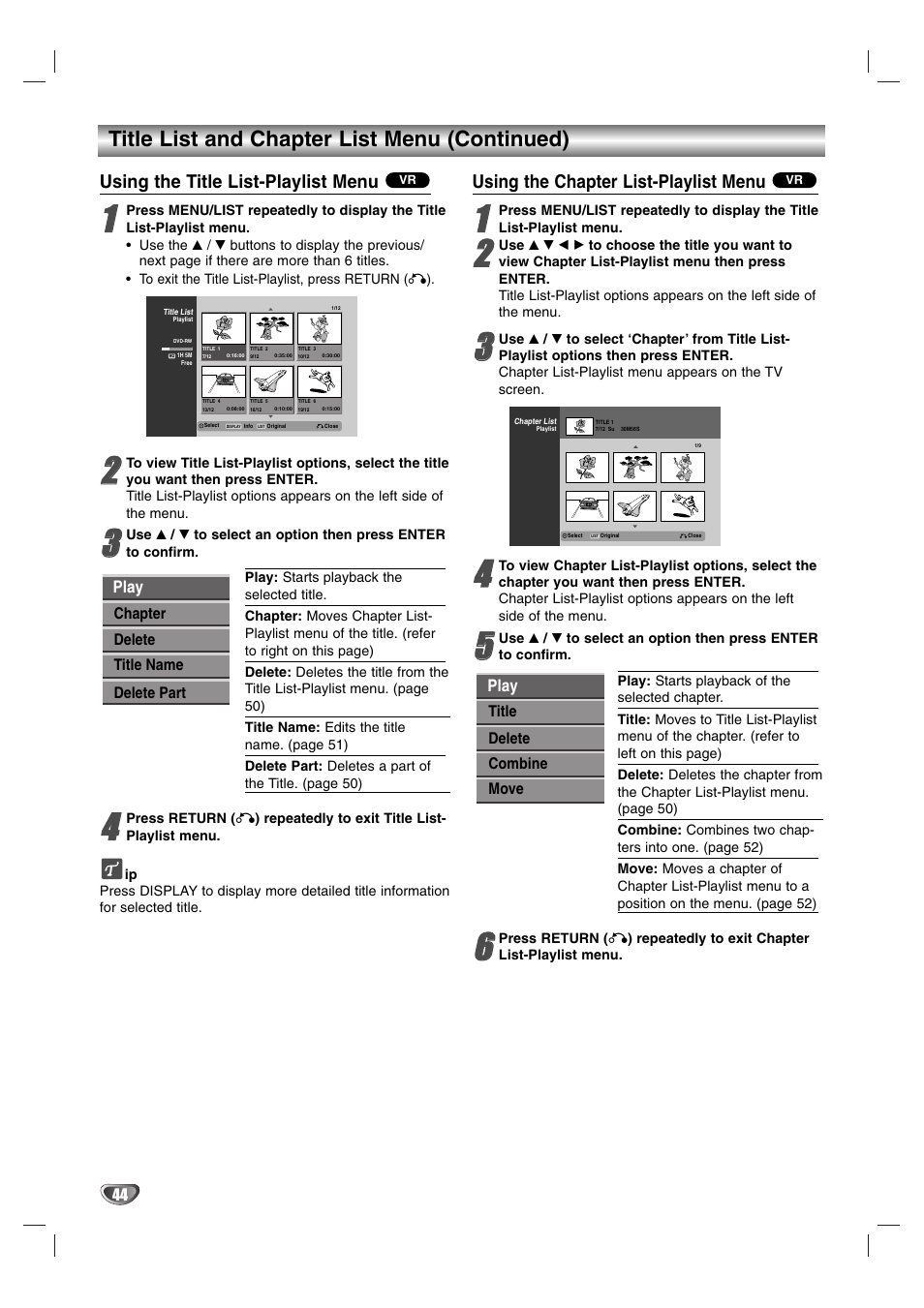 Title list and chapter list menu (continued), Using the title list-playlist menu, Using the chapter list-playlist menu | NEC NDR50 User Manual | Page 44 / 62