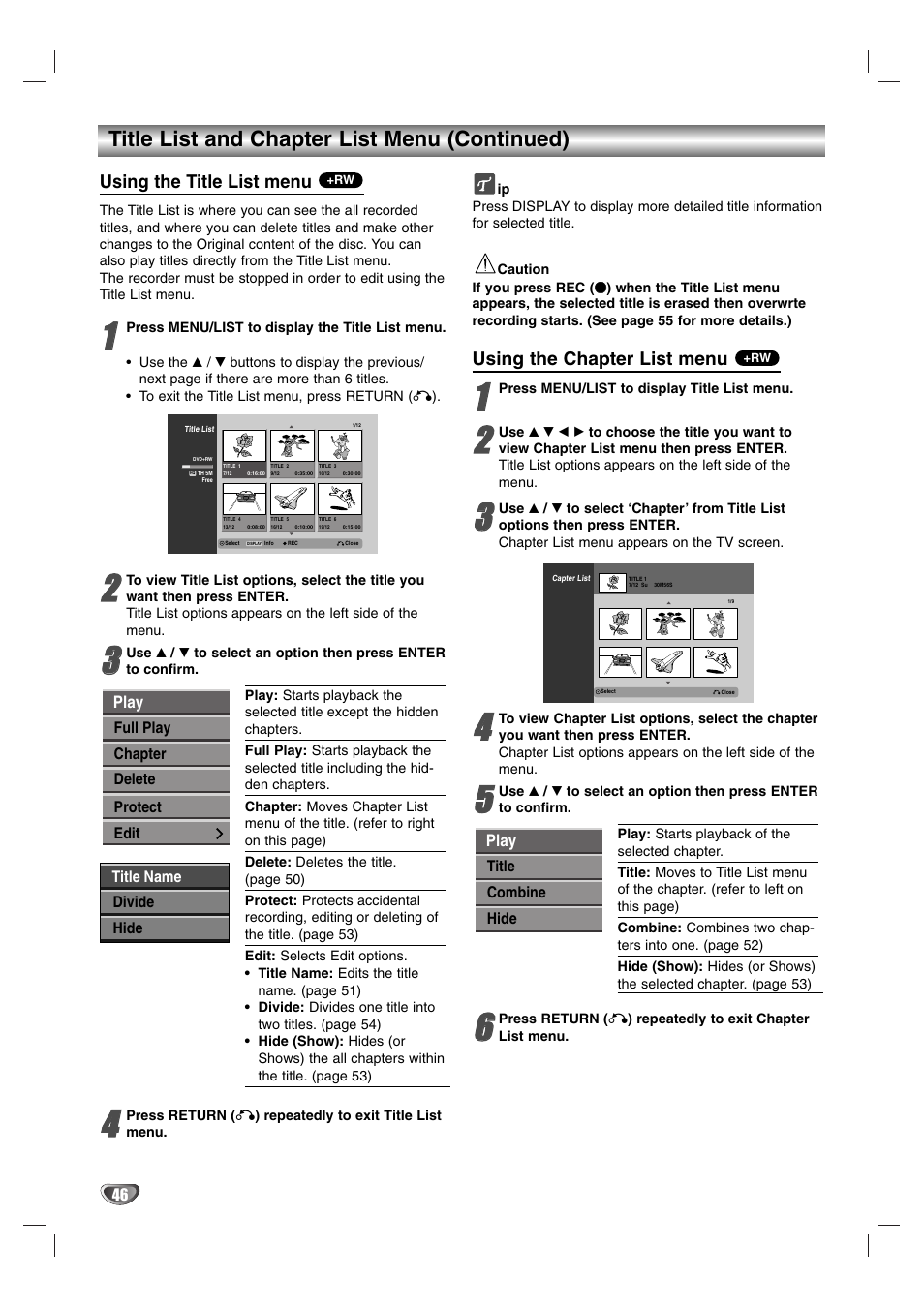 Title list and chapter list menu (continued), Using the title list menu, Using the chapter list menu | NEC NDR50 User Manual | Page 46 / 62