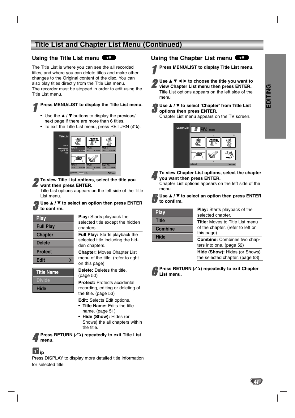 Title list and chapter list menu (continued), Editing, Using the title list menu | Using the chapter list menu | NEC NDR50 User Manual | Page 47 / 62