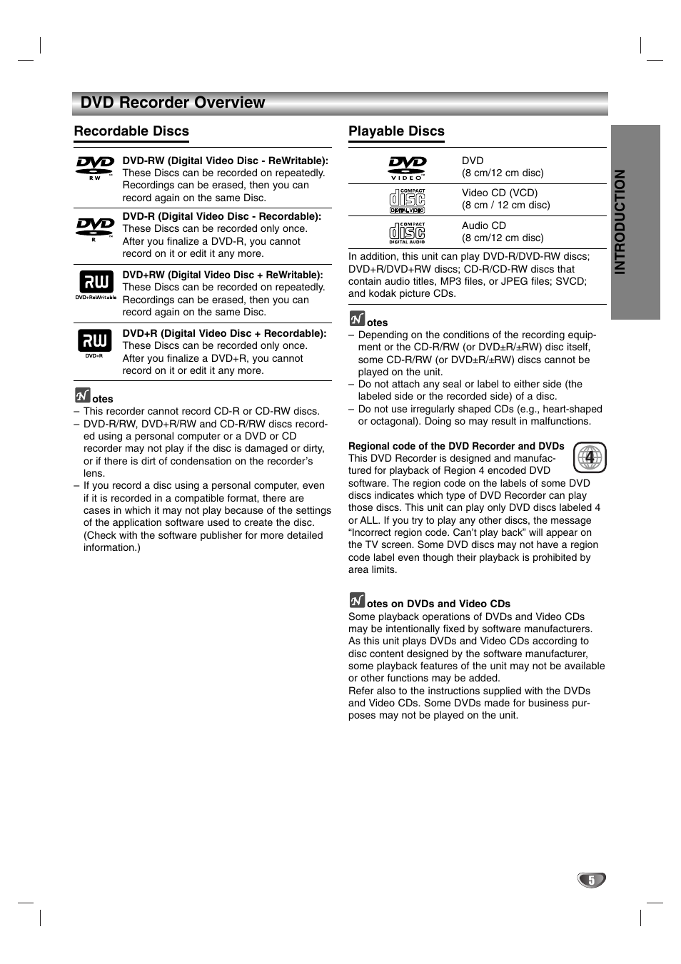 Dvd recorder overview, Introduction, Recordable discs | Playable discs | NEC NDR50 User Manual | Page 5 / 62