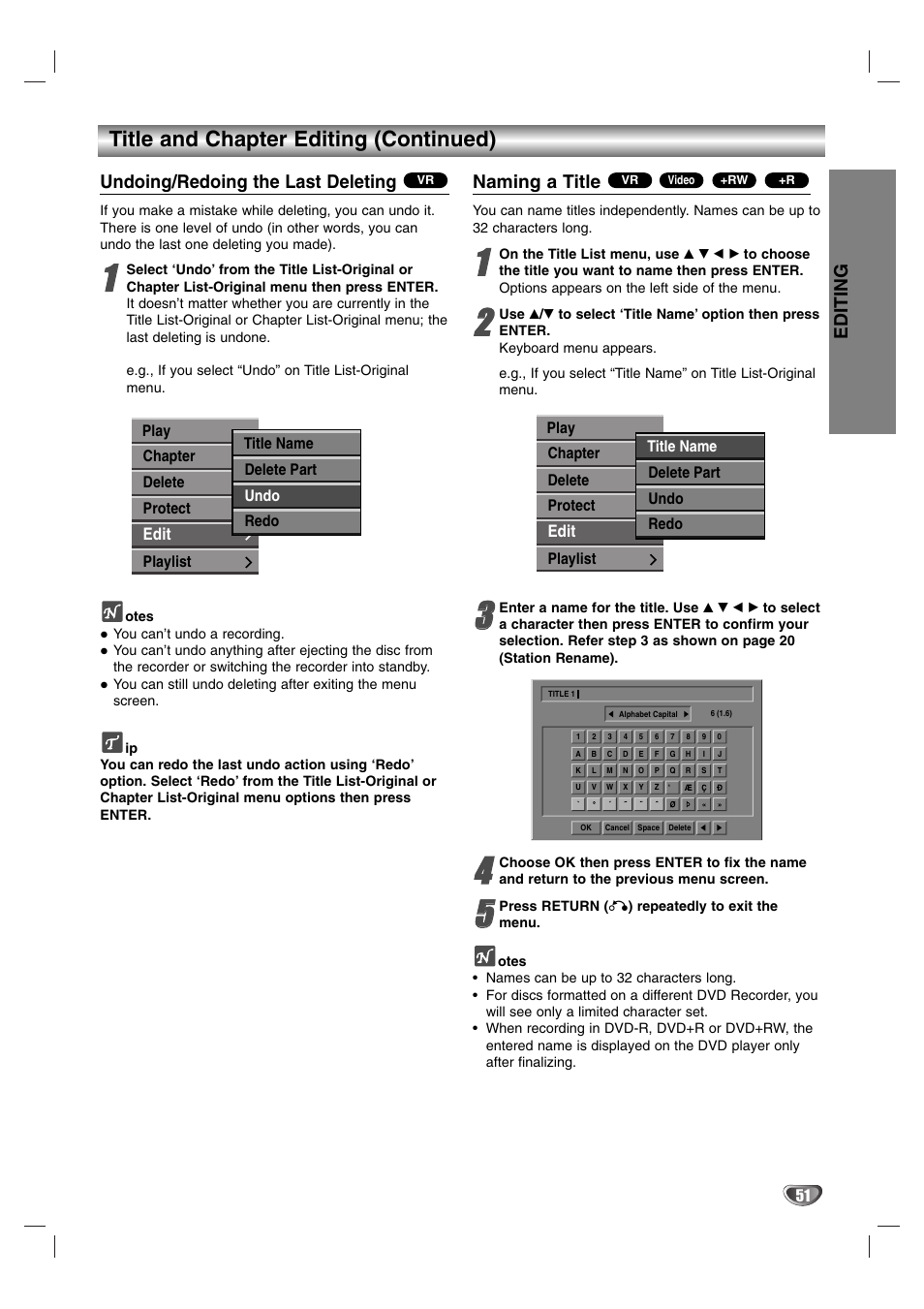 Title and chapter editing (continued), Editing, Undoing/redoing the last deleting | Naming a title | NEC NDR50 User Manual | Page 51 / 62