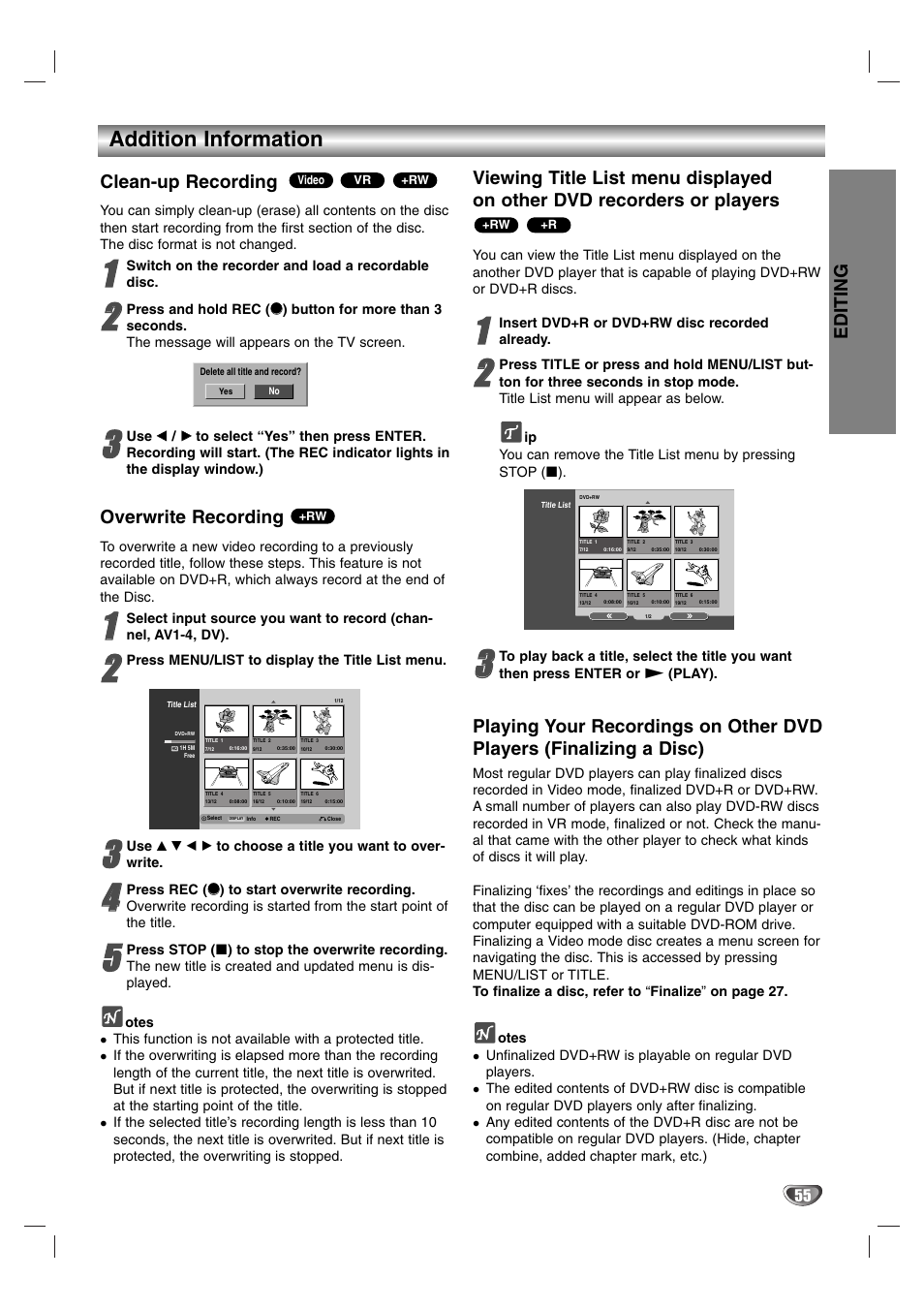 Addition information, Editing, Clean-up recording | Overwrite recording | NEC NDR50 User Manual | Page 55 / 62