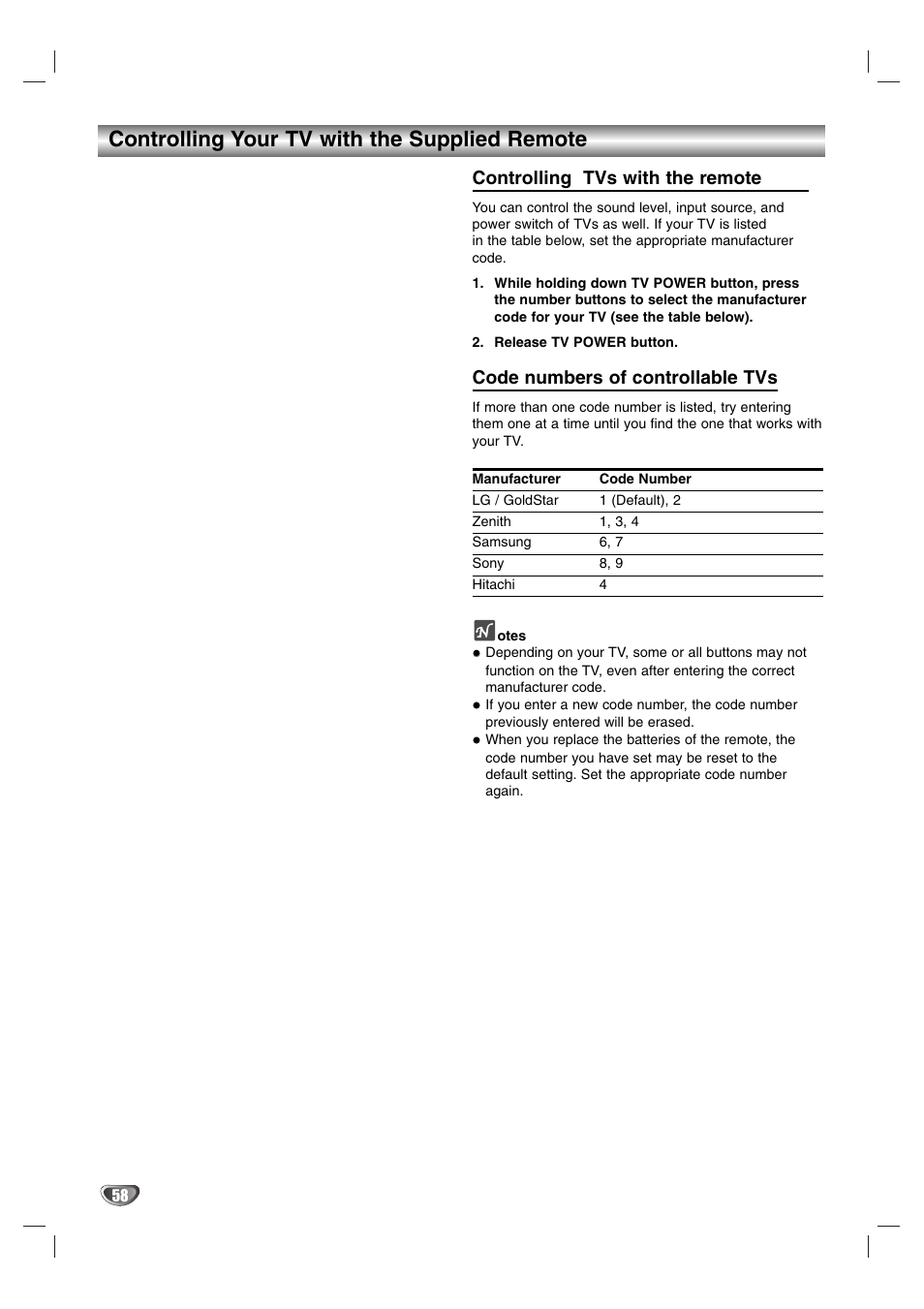 Controlling your tv with the supplied remote, Controlling tvs with the remote, Code numbers of controllable tvs | NEC NDR50 User Manual | Page 58 / 62