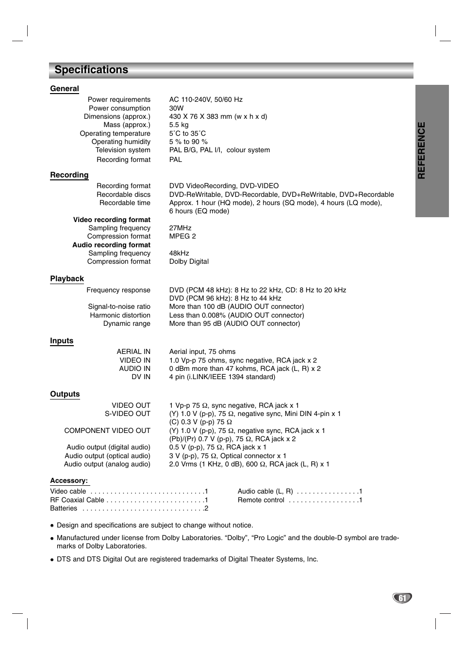 Specifications, Reference | NEC NDR50 User Manual | Page 61 / 62