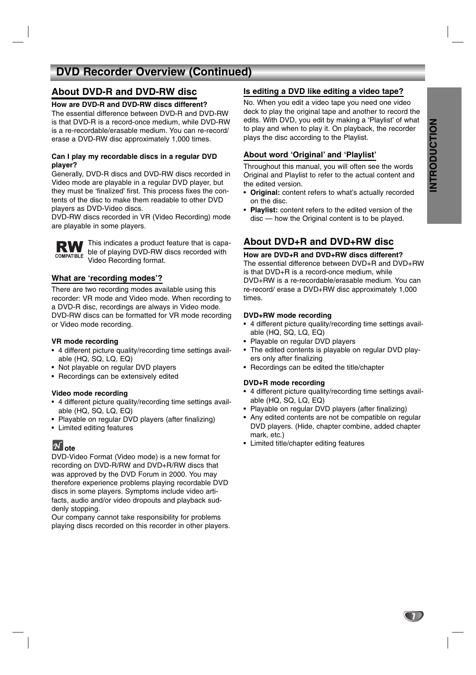 Dvd recorder overview (continued), Introduction, About dvd-r and dvd-rw disc | About dvd+r and dvd+rw disc | NEC NDR50 User Manual | Page 7 / 62