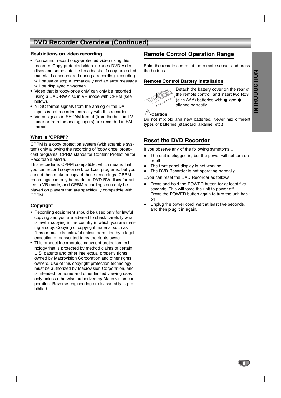 Dvd recorder overview (continued), Introduction, Remote control operation range | Reset the dvd recorder | NEC NDR50 User Manual | Page 9 / 62