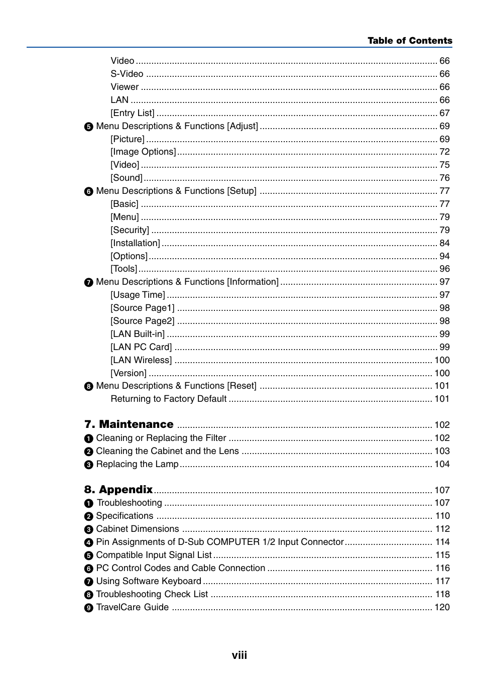 Viii, Maintenance, Appendix | NEC LT380 User Manual | Page 10 / 133