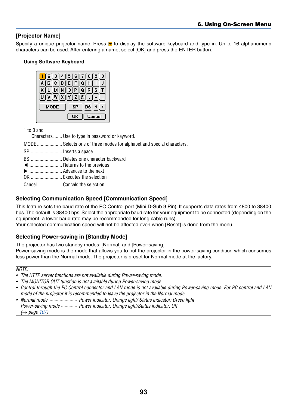 Projector name, Selecting communication speed [communication speed, Selecting power-saving in [standby mode | NEC LT380 User Manual | Page 103 / 133