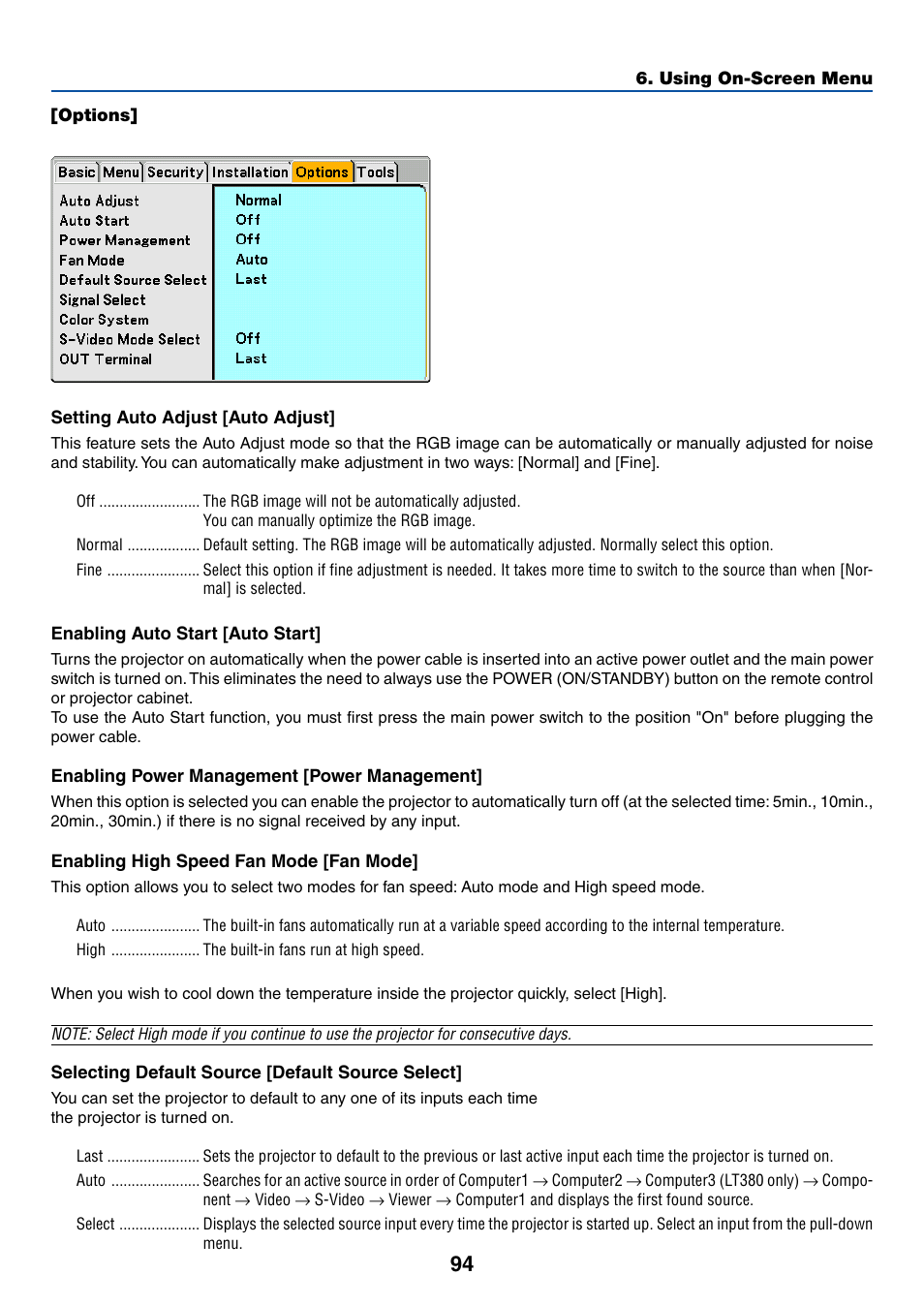Options, Setting auto adjust [auto adjust, Enabling auto start [auto start | Enabling power management [power management, Enabling high speed fan mode [fan mode, Selecting default source [default source select | NEC LT380 User Manual | Page 104 / 133