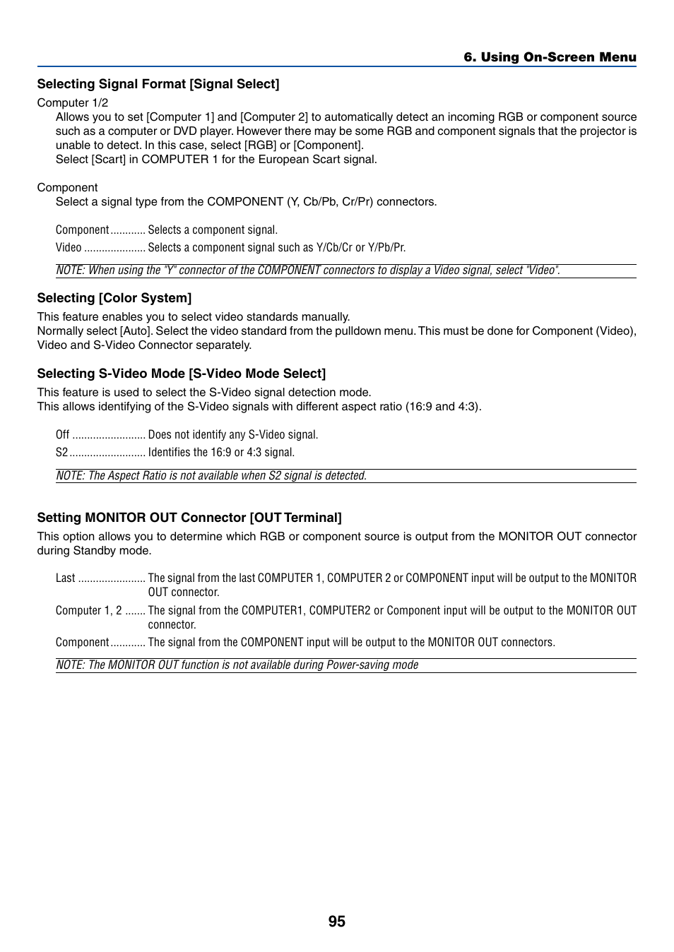Selecting signal format [signal select, Selecting [color system, Selecting s-video mode [s-video mode select | Setting monitor out connector [out terminal | NEC LT380 User Manual | Page 105 / 133