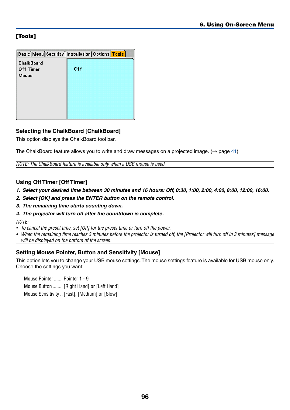 Tools, Selecting the chalkboard [chalkboard, Using off timer [off timer | NEC LT380 User Manual | Page 106 / 133