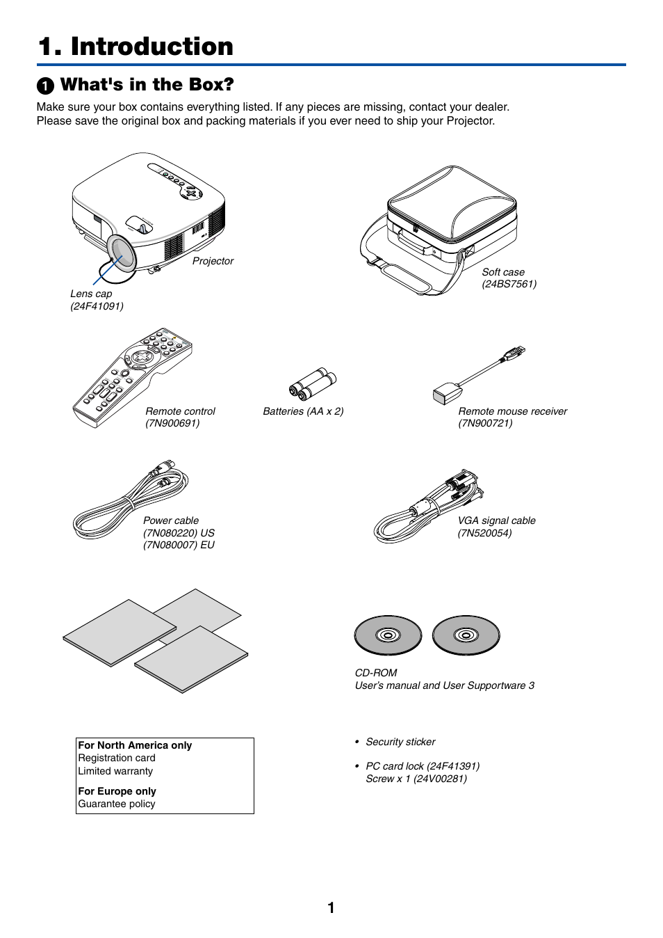 Introduction, 1) what's in the box, ᕡ what's in the box | NEC LT380 User Manual | Page 11 / 133