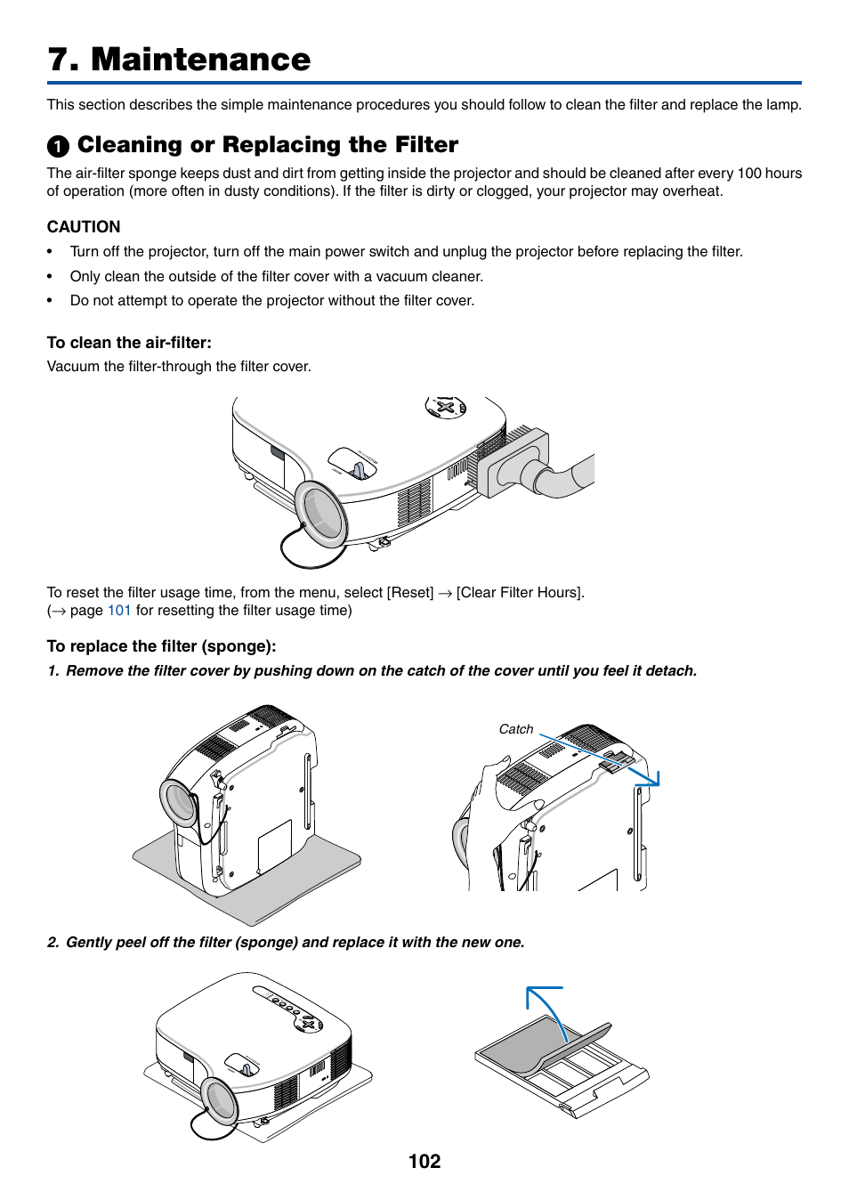 Maintenance, 1) cleaning or replacing the filter, ᕡ cleaning or replacing the filter | NEC LT380 User Manual | Page 112 / 133