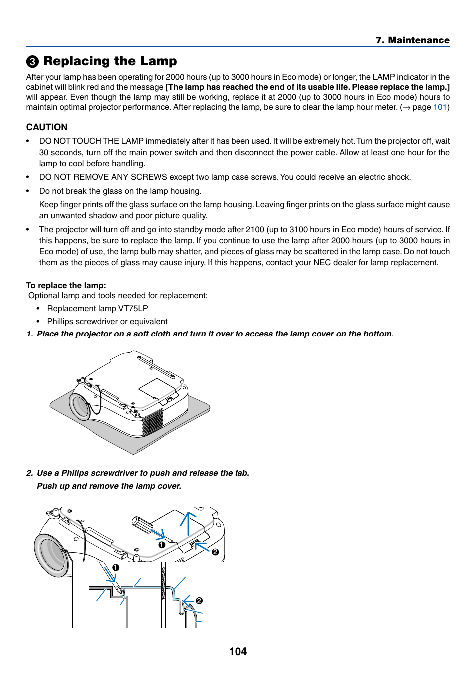 3) replacing the lamp, Replacing the lamp | NEC LT380 User Manual | Page 114 / 133