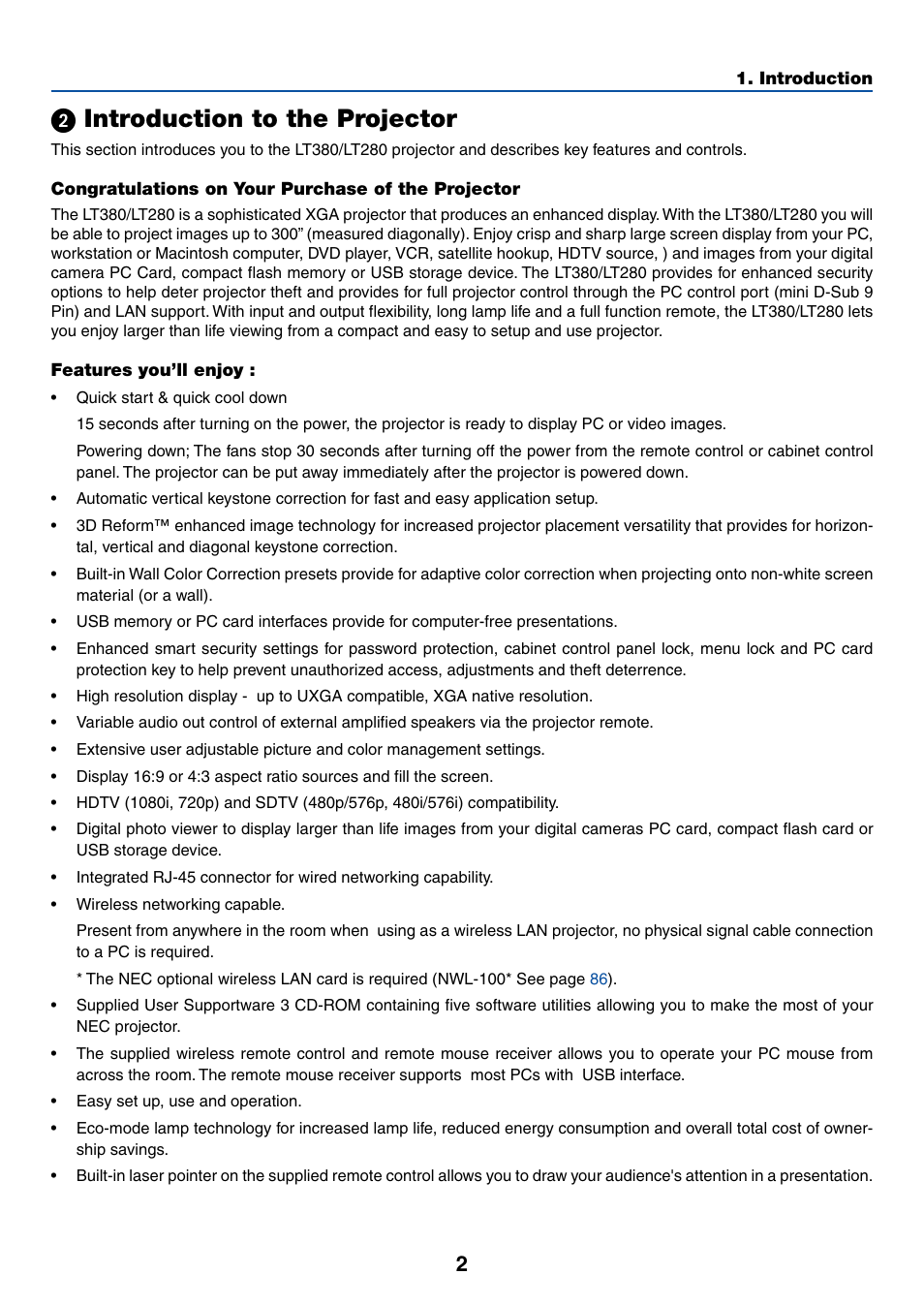 2) introduction to the projector, ᕢ introduction to the projector | NEC LT380 User Manual | Page 12 / 133