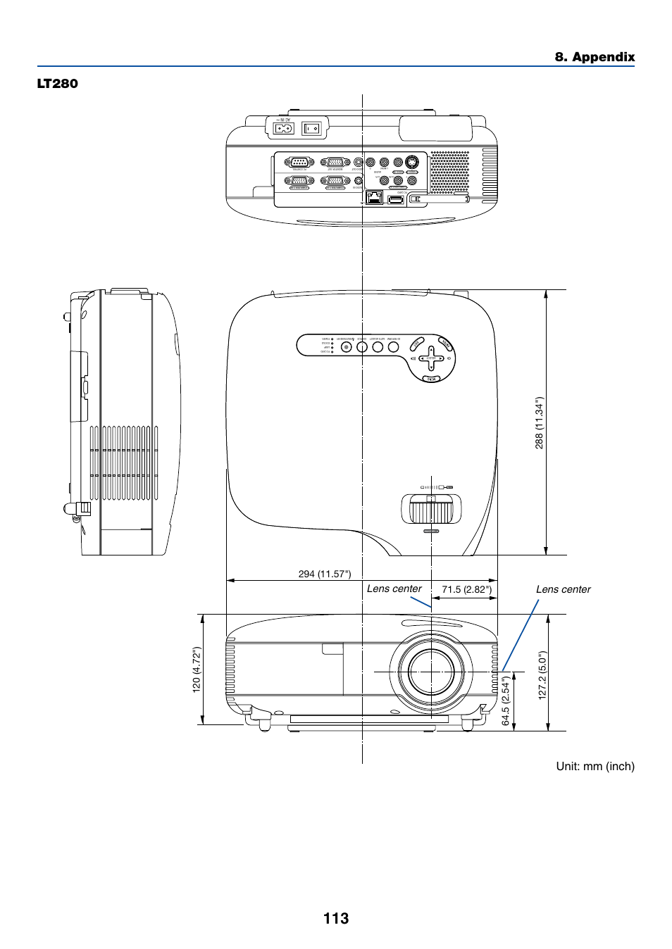 Lt280, Lt280 8. appendix, Unit: mm (inch) | Lens center | NEC LT380 User Manual | Page 123 / 133