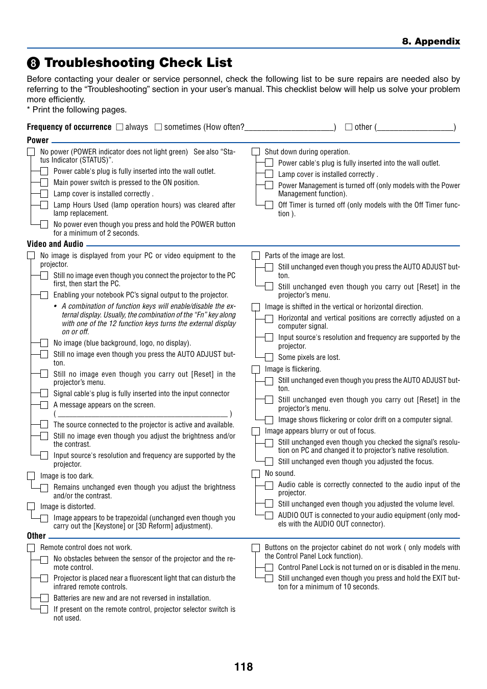 8) troubleshooting check list, º troubleshooting check list | NEC LT380 User Manual | Page 128 / 133
