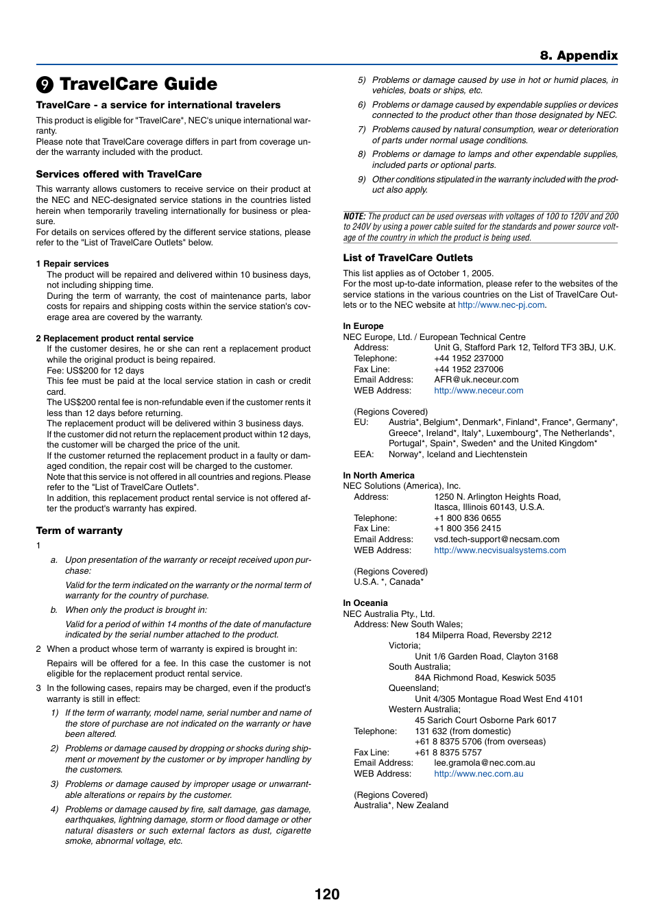 9) travelcare guide, Travelcare guide, Appendix | NEC LT380 User Manual | Page 130 / 133