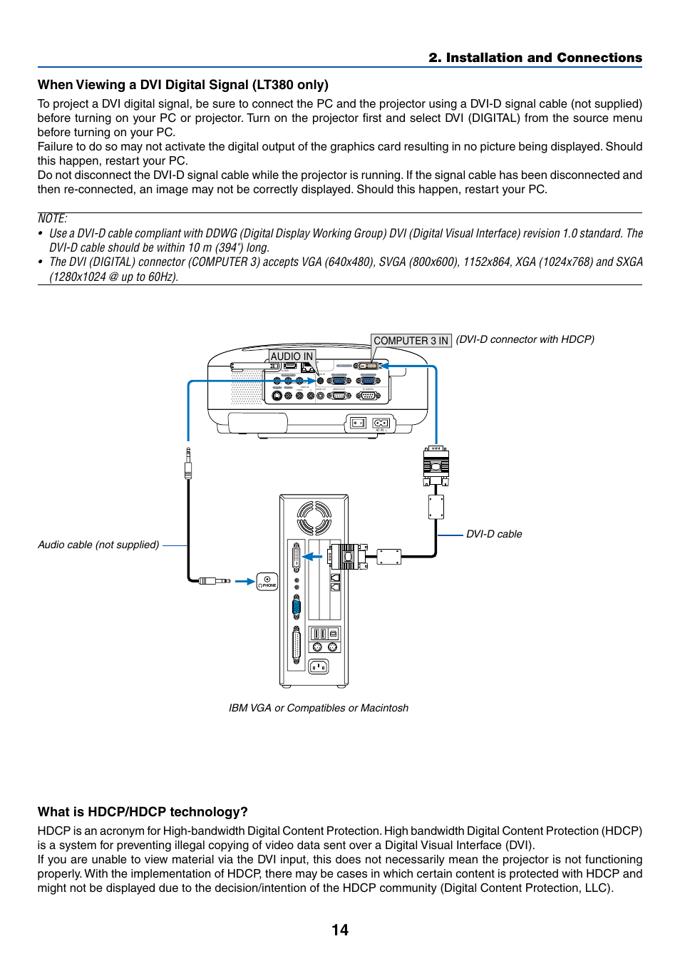 When viewing a dvi digital signal (lt380 only), What is hdcp/hdcp technology, Computer 3 in | Audio in | NEC LT380 User Manual | Page 24 / 133