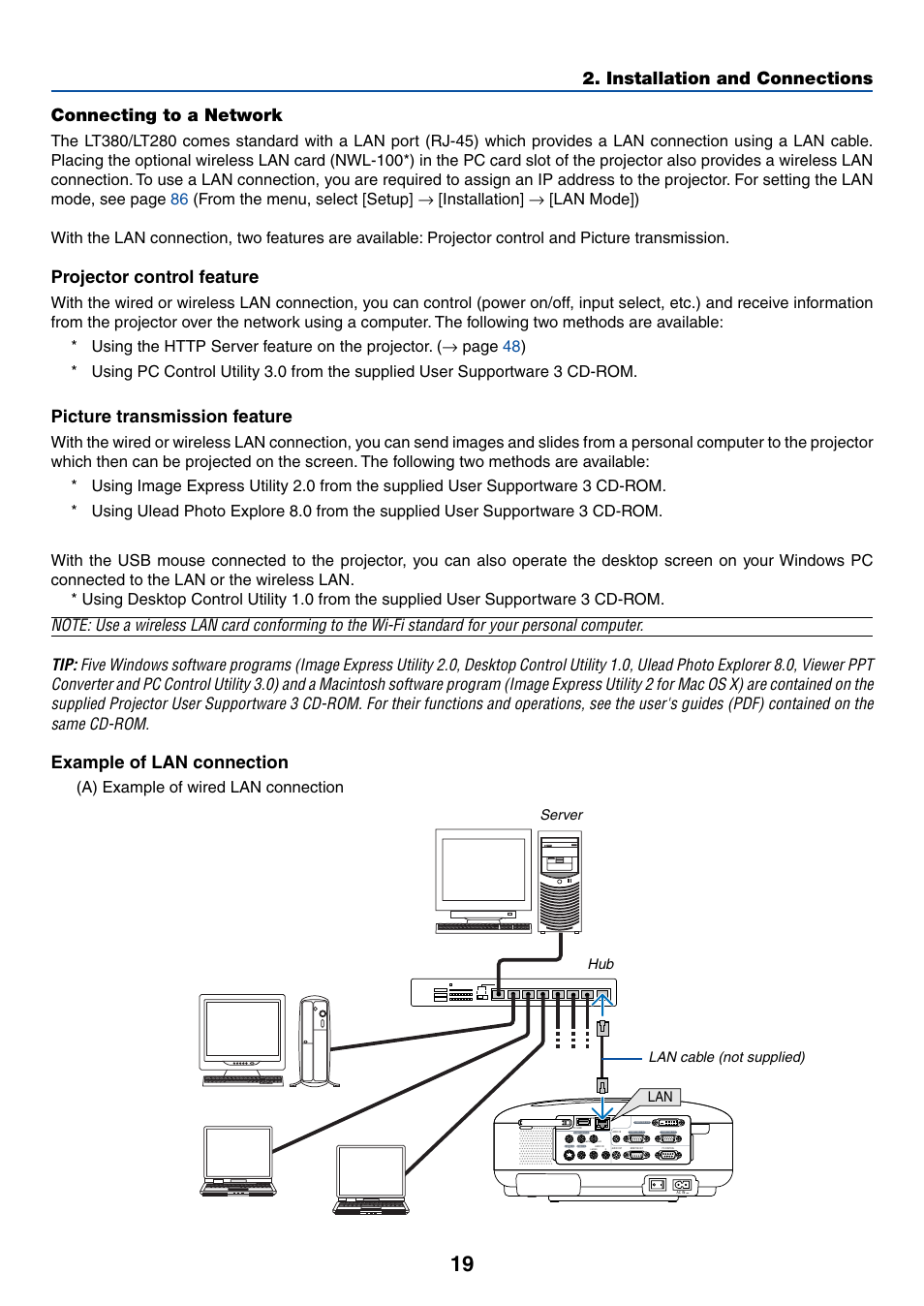Connecting to a network, Projector control feature, Picture transmission feature | Example of lan connection, Installation and connections, A) example of wired lan connection, Server hub lan cable (not supplied) | NEC LT380 User Manual | Page 29 / 133