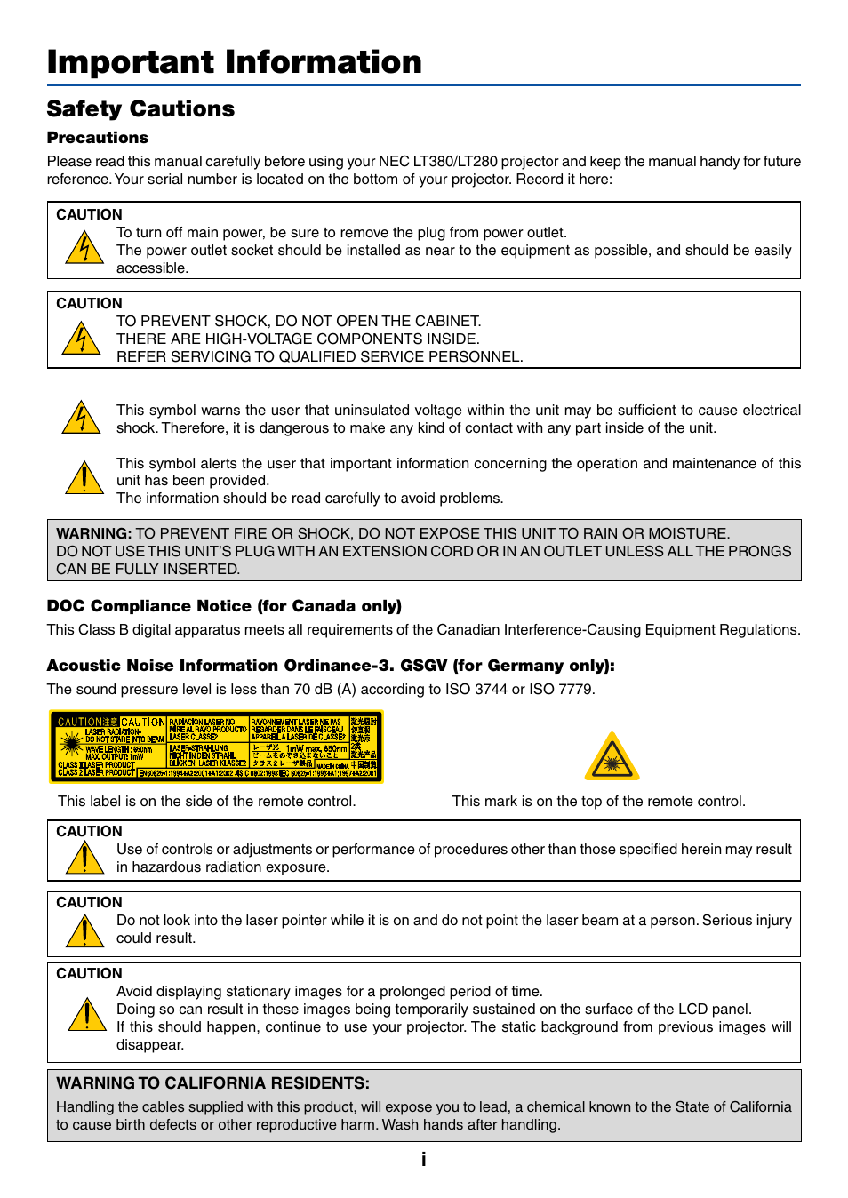 Important information, Safety cautions, Precautions | Doc compliance notice (for canada only), Warning to california residents | NEC LT380 User Manual | Page 3 / 133