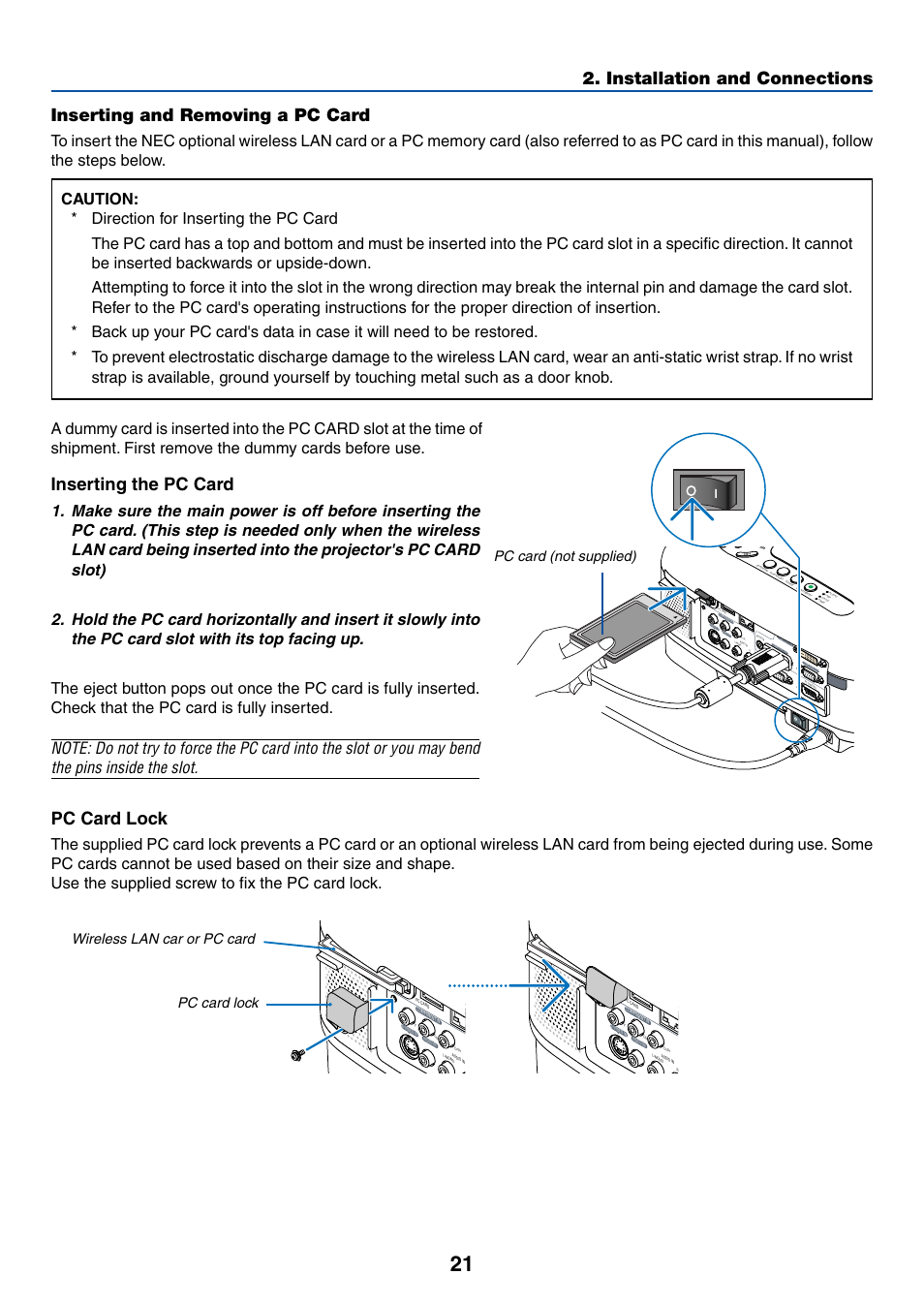 Inserting and removing a pc card, Installation and connections inserting the pc card, Pc card lock | Pc card (not supplied), Wireless lan car or pc card pc card lock | NEC LT380 User Manual | Page 31 / 133