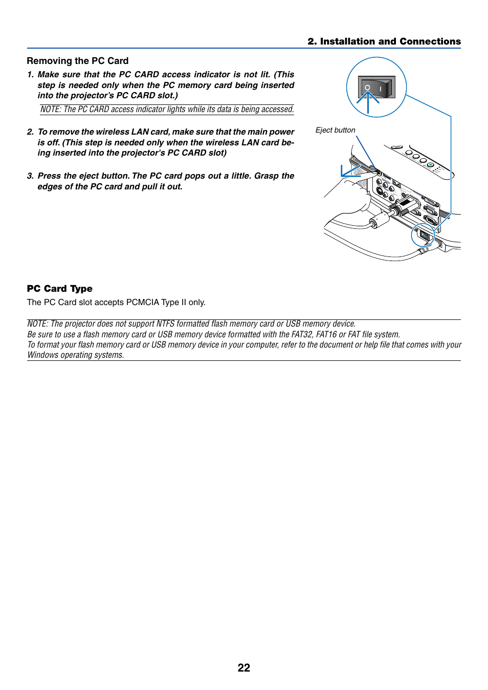 Pc card type, Installation and connections pc card type, Removing the pc card | The pc card slot accepts pcmcia type ii only, Eject button | NEC LT380 User Manual | Page 32 / 133