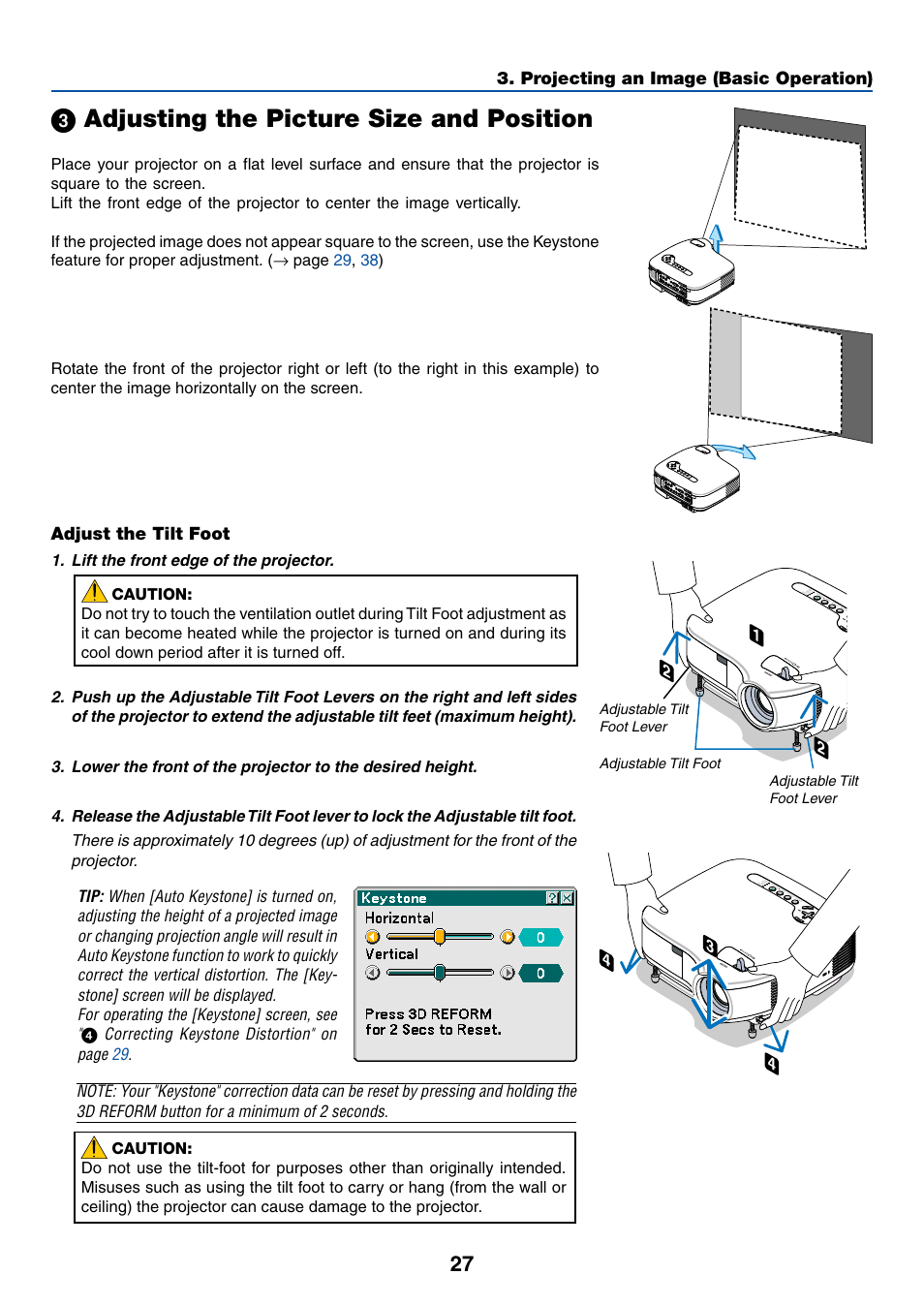 3) adjusting the picture size and position, Adjust the tilt foot, ᕣ adjusting the picture size and position | NEC LT380 User Manual | Page 37 / 133