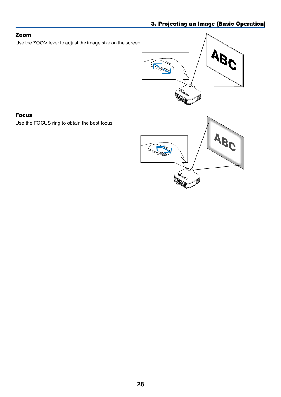 Zoom, Focus | NEC LT380 User Manual | Page 38 / 133