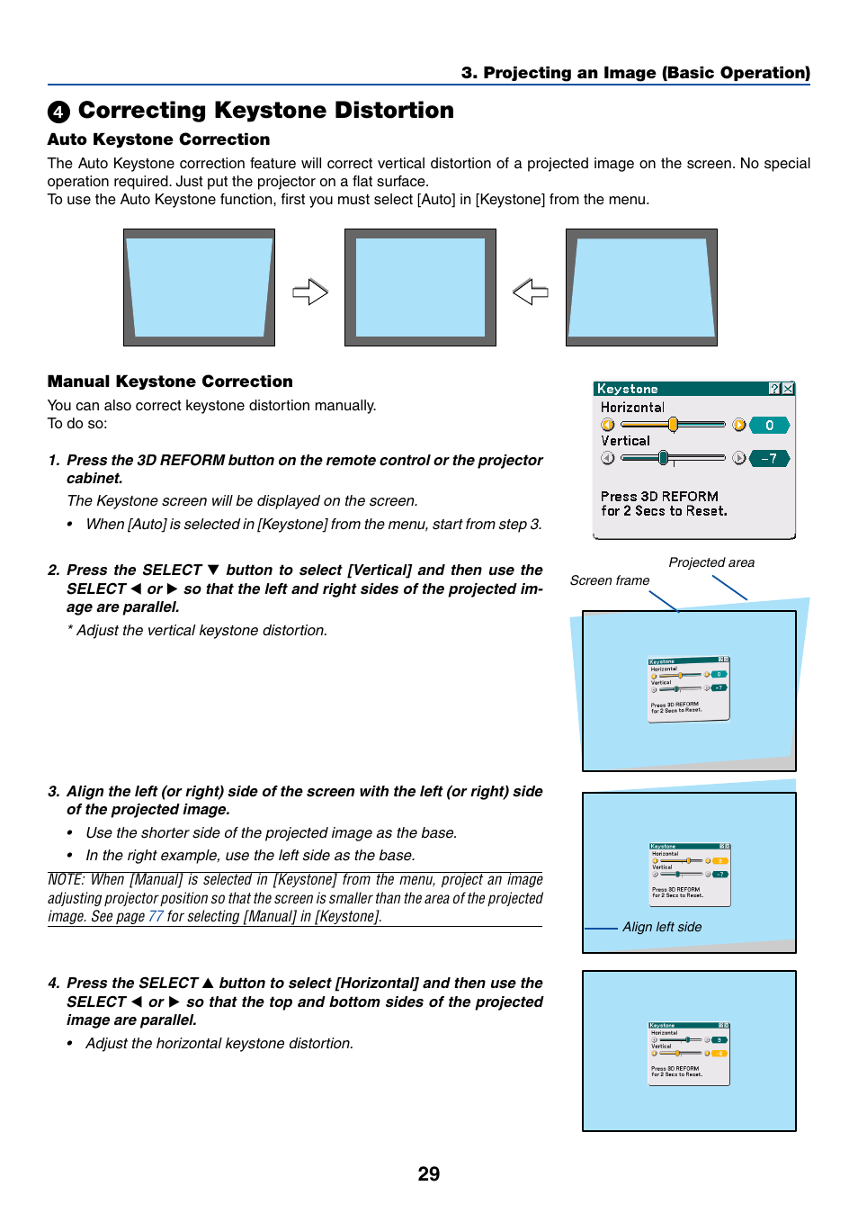 4) correcting keystone distortion, Auto keystone correction, Manual keystone correction | ᕤ correcting keystone distortion | NEC LT380 User Manual | Page 39 / 133