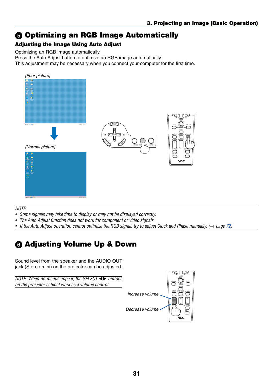 5) optimizing an rgb image automatically, Adjusting the image using auto adjust, 6) adjusting volume up & down | ᕥ optimizing an rgb image automatically, ᕦ adjusting volume up & down, Projecting an image (basic operation), Page 72 ) | NEC LT380 User Manual | Page 41 / 133